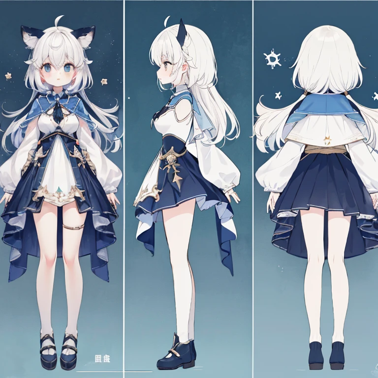 Chara Sheet,character reference sheet, 1 girl, CharacterDesignSheet, ((front-facing view, from side view)) symmetrical elements in clothing, Clothes simulation detection similar to CLO, Awesome designer, full body Esbian,8K分辨率, Ultra HD image output,Watercolor style,Ice attribute,Aurora hair,Beautiful fece,stars under the eyes,Short Sword