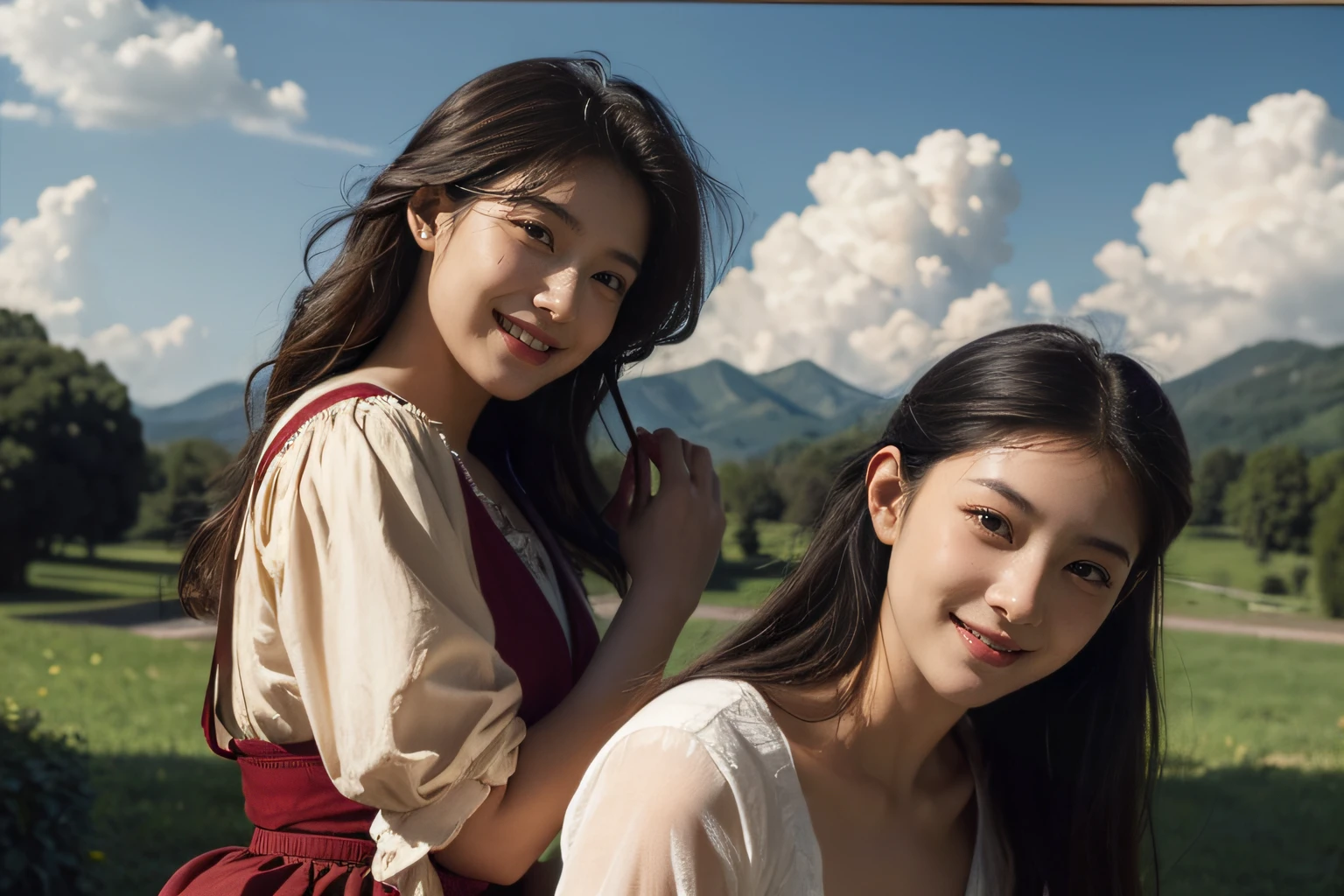 Poussin-style landscape,A smile,,Sweet and seductive appearance.、Caravaggio's paintings、Chiaroscuro of Caravaggio、Hair disheveled in the wind,Two women frolicking,Cute smile, Expression of ecstasy