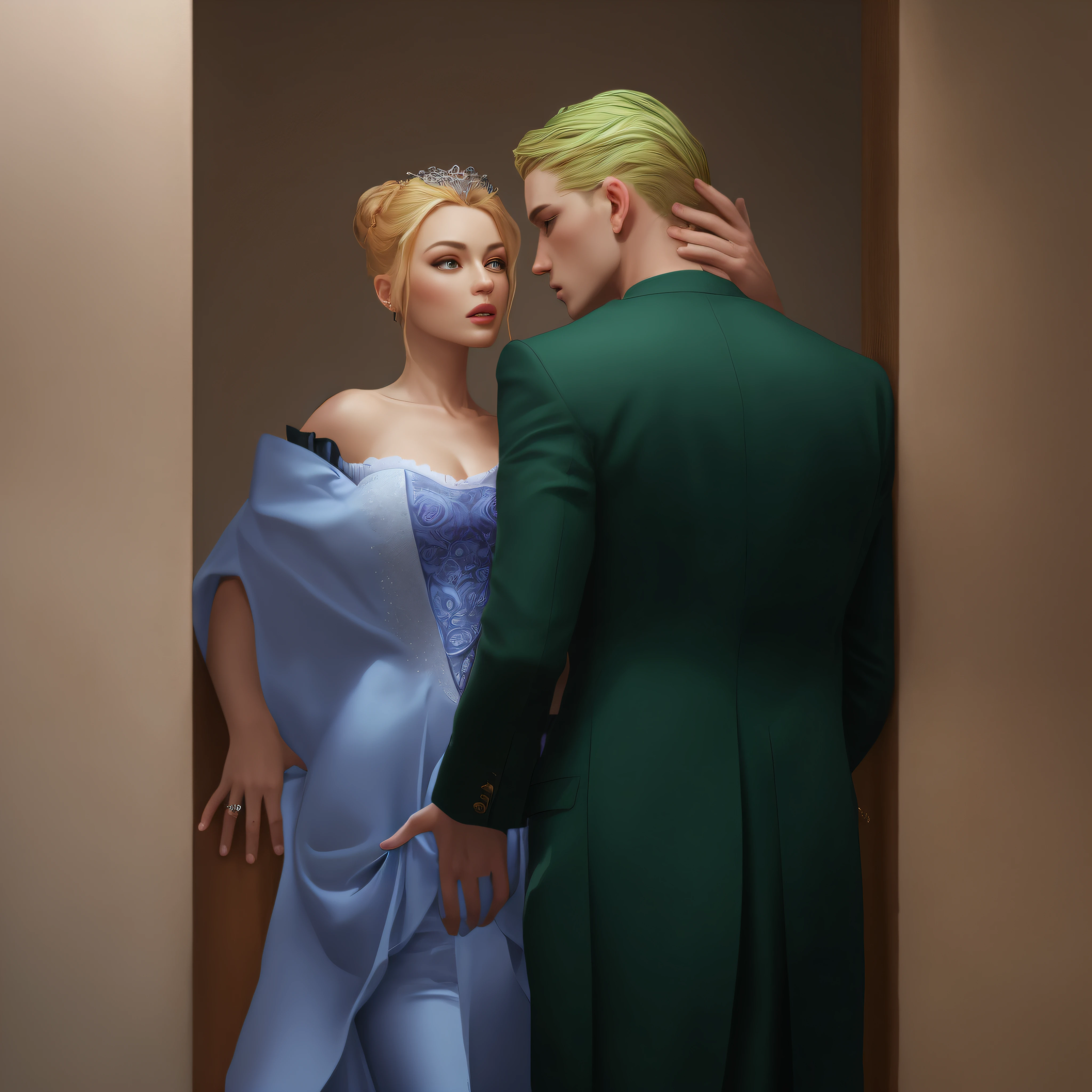 a woman with a bun on her head in a blue dress with open shoulders and a beautiful cute tiara and a man, Turning your back, he has short blond hair, he has a dark green tailcoat, woman and man together, staring at each other, Dark, Light from the Moon, Realism, describe in detail, Highly detailed, super detaill, exquisite details and textures, 8K, Best Quality, Epic Realistic, Beautiful, Ultra Detailed, ultra realisic, Realistic, intricate details, Detailed, Photorealistic, The middle of the road, Artstation, Epic Realistic, Beautiful, Ultra Detailed, ultra realisic, Realistic, intricate details, Detailed, Photorealistic, The middle of the road, Artstation, elegant, Epic Realistic, 8K, Beautiful, hypomorphic, Ultra Detailed, ultra realisic, Realistic, Detailed, intricate details, Masterpiece, Photorealistic