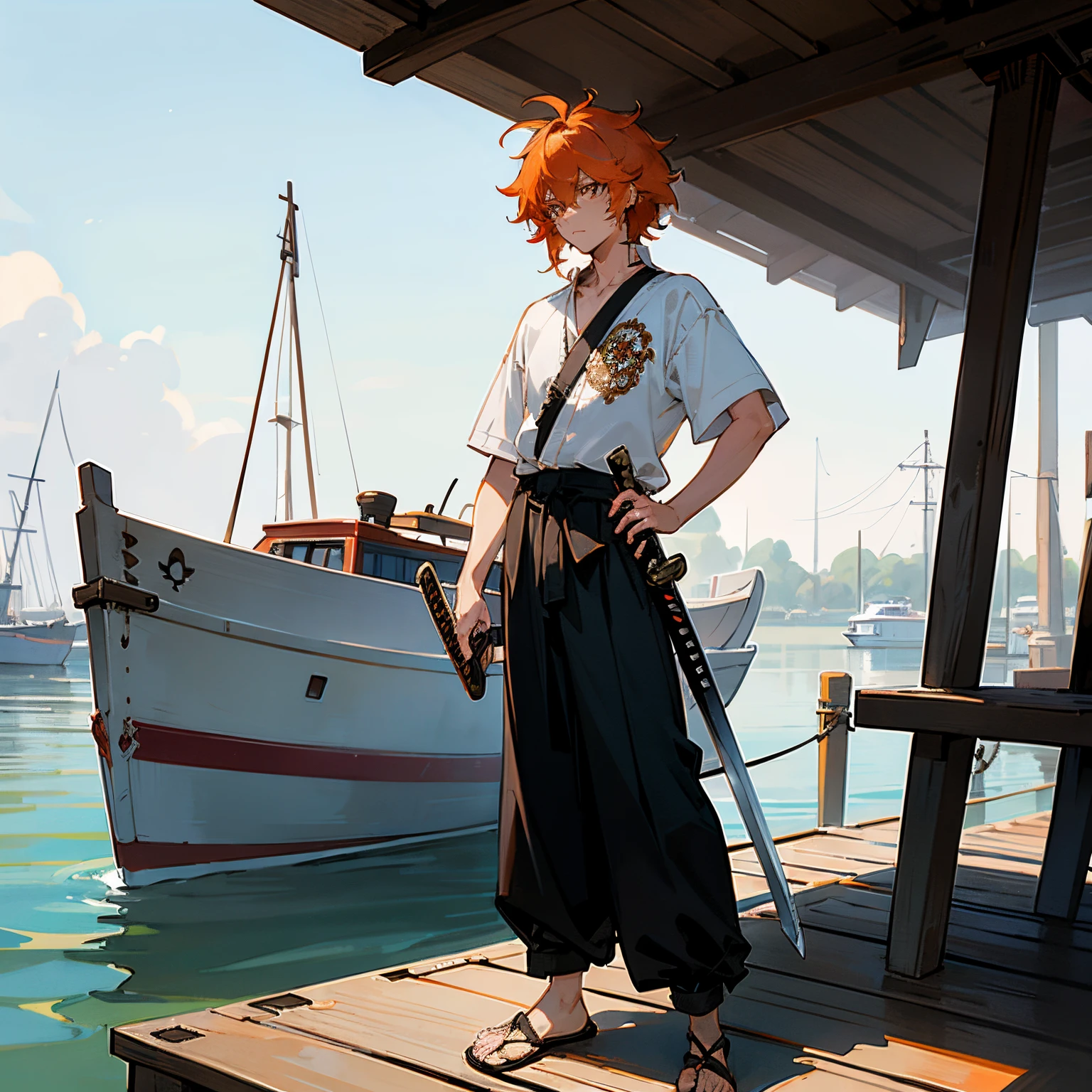 Orange Hair ,Tied Backnot in hair , Shaggy Hair , Messy Hair , Medium Length Hair , 1male , White Shortsleeve Shirt , Baggy Black Pants , Black Sandles , Standing on boat dock , Greatly Detailed Sheathed Katana on hip , Intricate Detail , Sword , Sword Sheathe fashioned to hip