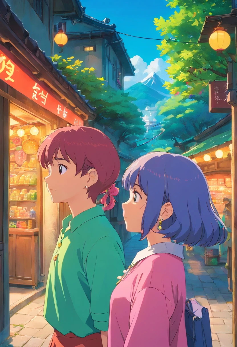 Anime Collar Girl, Long necklaces and earrings, In the style of a tranquil garden landscape, colorful animation stills, neon color、Vivid Color、In the street、Man and woman staring at each other、saturated colors、vivd colour、Fluorescent pink、Fluorescent Green