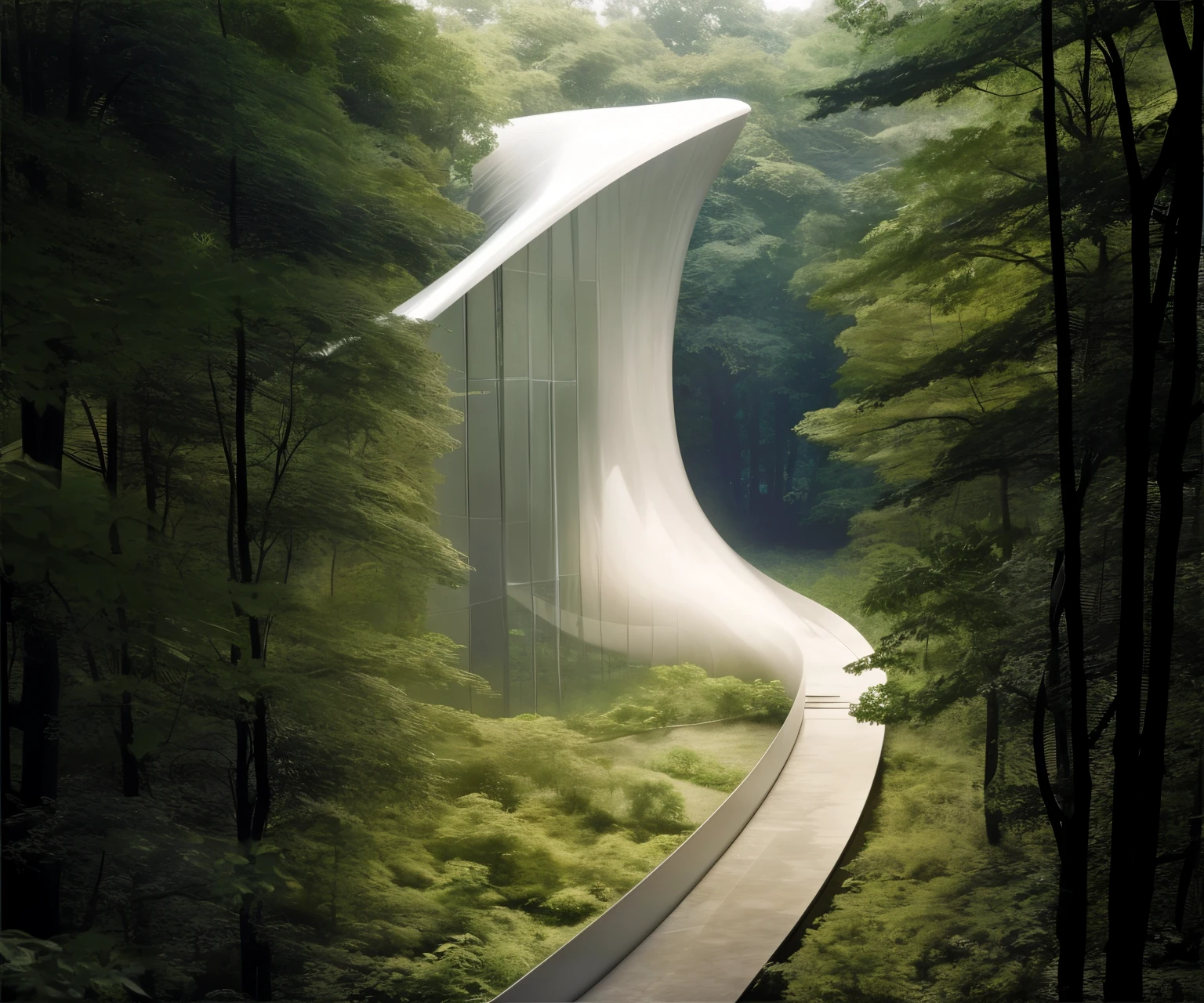 There is a winding walkway through the forest，There is a bench, Cha Shibiao, Inspired by Cha Shibiao, futuristic and ethereal, futuristic architectural art, Zaha Hadid Octane High Rendering, Web portals. zaha hadid, futuristic architecture concept, Futuristic church, futuristic building, Surreal sci-fi architecture, organic architecture, Nature meets architecture, architecture render ”