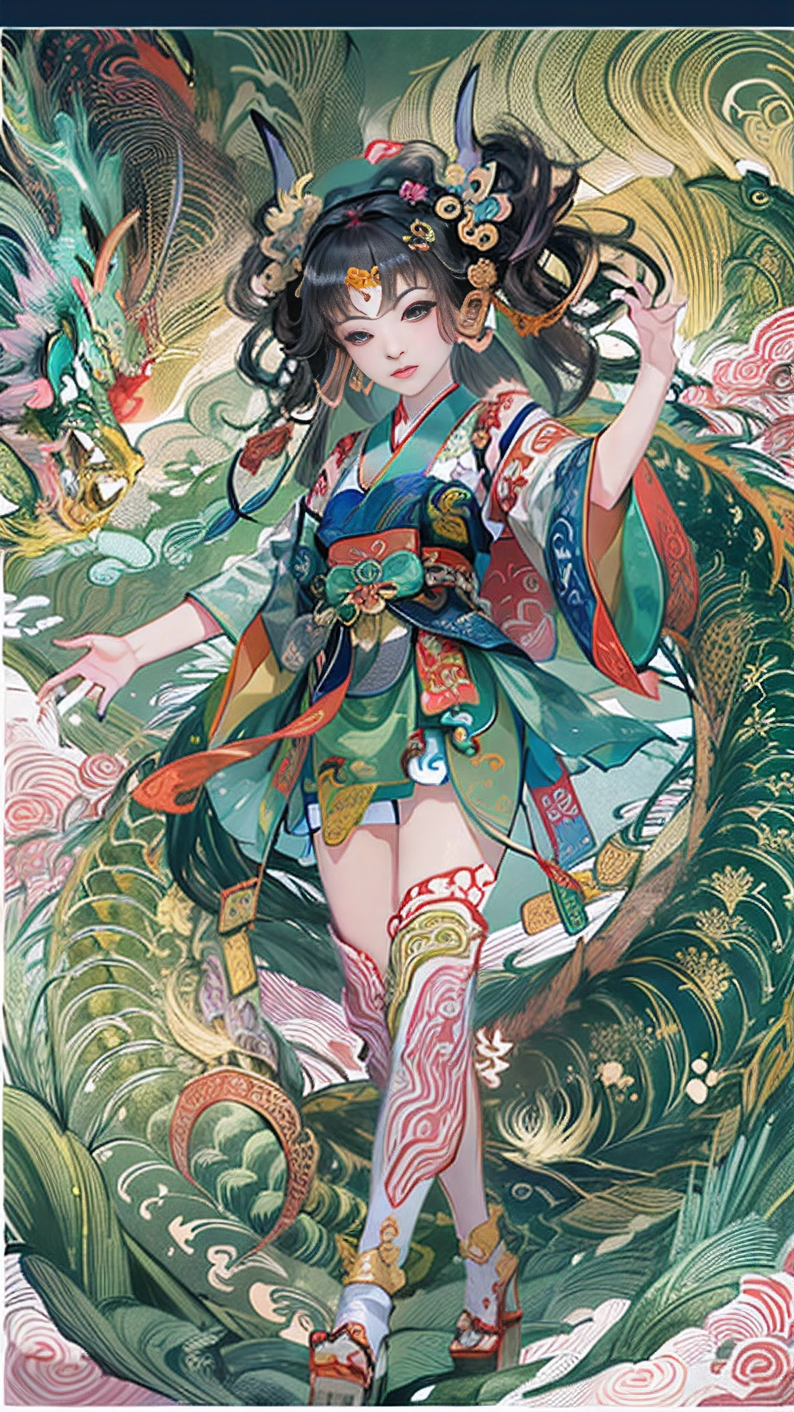 Official Art, Unified 8K Wallpapers, Ultra Detailed, Beautiful and Aesthetic, Masterpiece, Best Quality, (Zentangle, Tangle, Entangle), (fractal art: 1.4), 1girl, black hair, Chinese, bare shoulders, short skirt, calf, navel, very detailed, dynamic angle, cowboyshot, (most beautiful form chaos), flowing, (bright colors), oc, (half: 1.2), china, (thangka flying sky: 1.5), (ribbon: 1.3), (dream: 1.5), (hanfu: 1.5), Chinese dragon, Chinese phoenix, (smile: 0.5), (Chinese deity),
