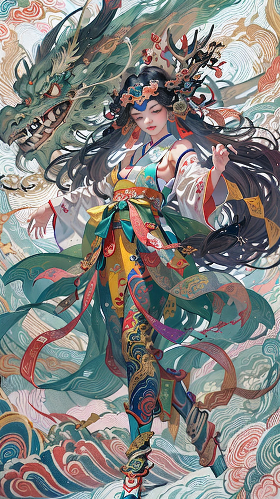Official Art, Unified 8K Wallpapers, Ultra Detailed, Beautiful and Aesthetic, Masterpiece, Best Quality, (Zentangle, Tangle, Entangle), (fractal art: 1.4), 1girl, black hair, Chinese, bare shoulders, short skirt, calf, navel, very detailed, dynamic angle, cowboyshot, (most beautiful form chaos), flowing, (bright colors), oc, (half: 1.2), china, (thangka flying sky: 1.5), (ribbon: 1.3), (dream: 1.5), (hanfu: 1.5), Chinese dragon, Chinese phoenix, (smile: 0.5), (Chinese deity),