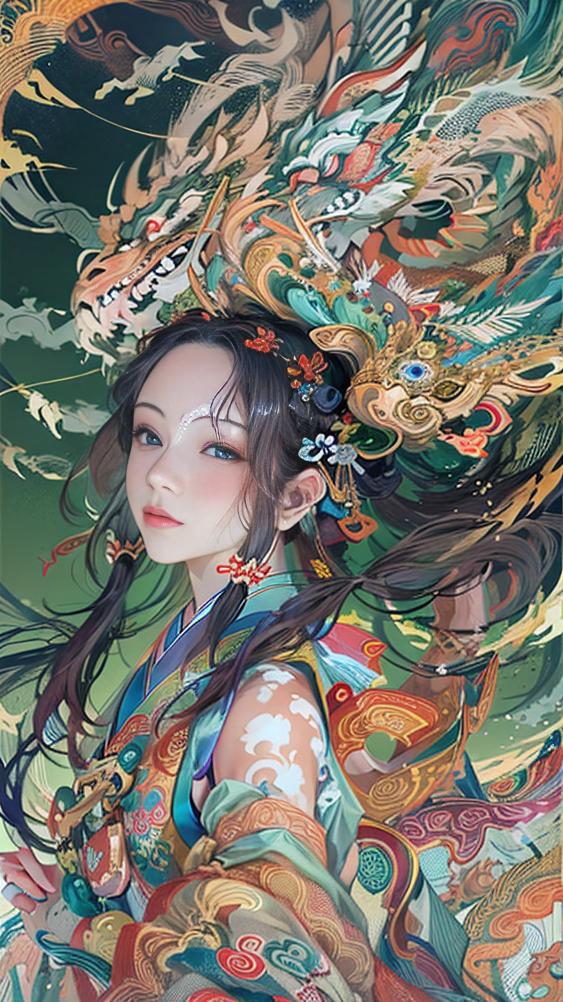 {{{{{illustration}}}}},by Yuko Shimizu,1girl,chinese dragon,chinese girl,female focus on, {{color Ink wash painting}},{{ink splashing}},{{color splashing}},{{{colorful}}},{{sketch}}, Masterpiece,best quality, beautifully painted,highly detailed,