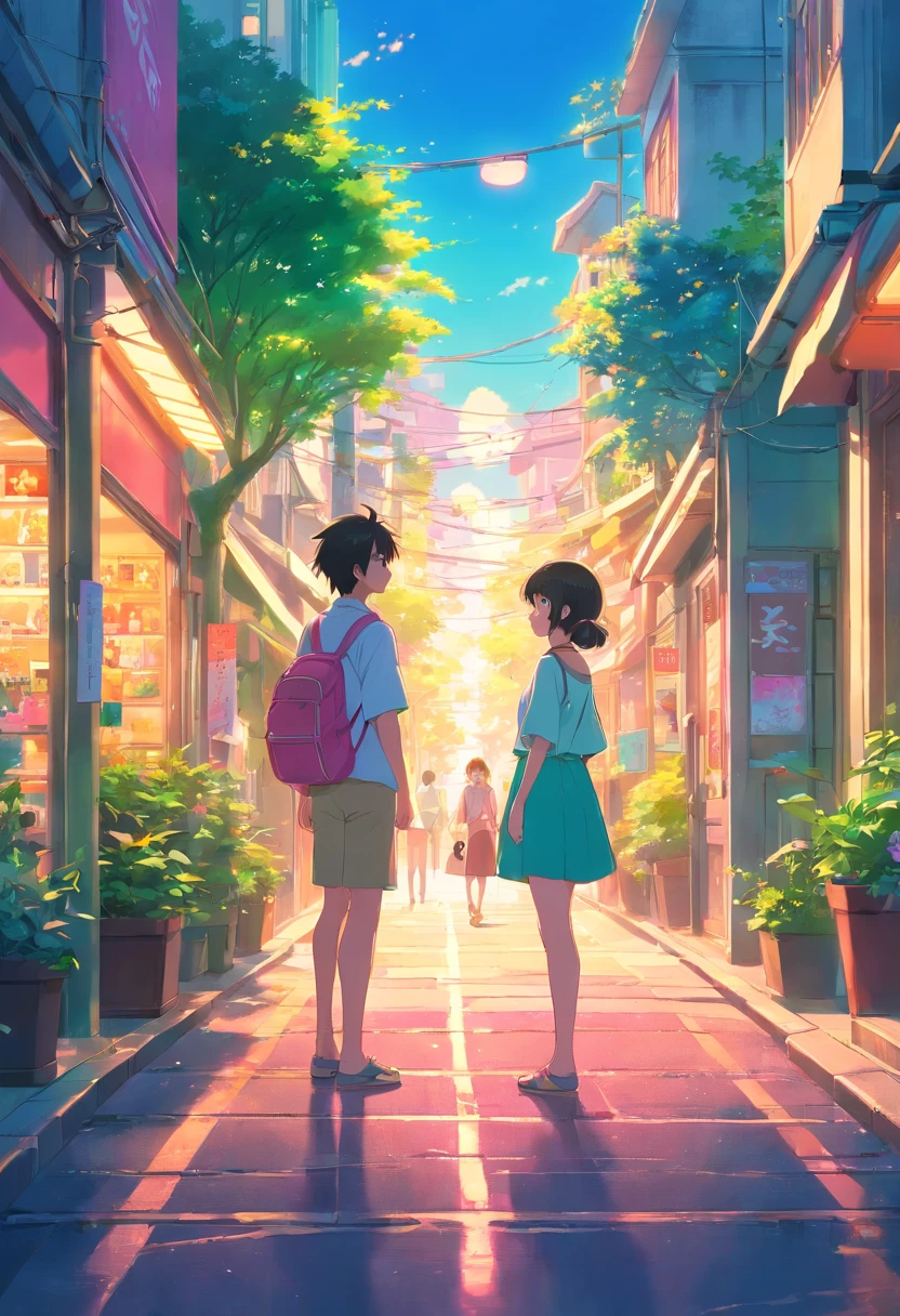 Anime Color Girl, Long necklaces and earrings, In the style of a tranquil garden landscape, colorful animation stills, neon color、Vivid Color、In the street、Man and woman staring at each other、Saturated colors、vivd colour、Fluorescent pink、Fluorescent green