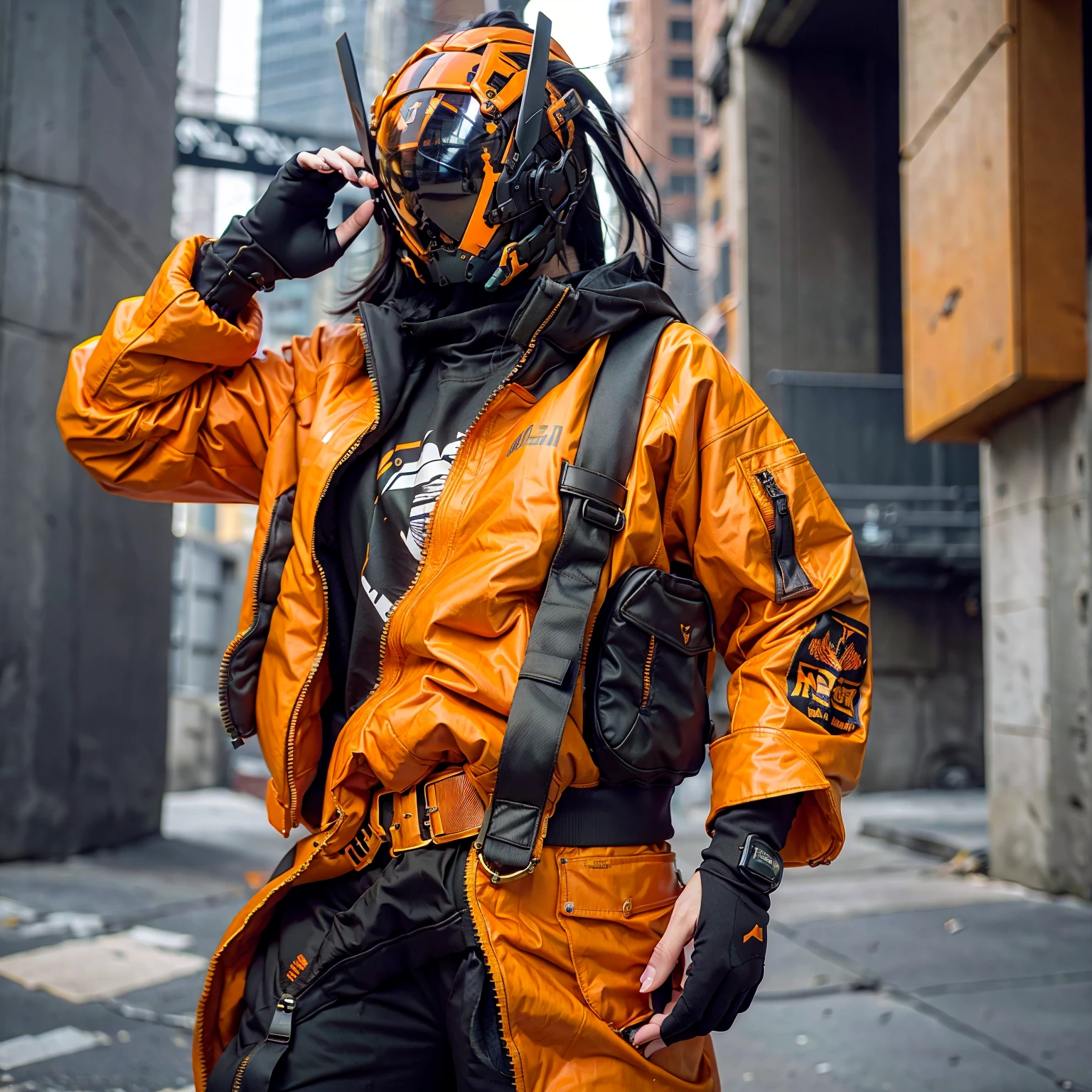 (original: 1.2), masterpiece, best quality, a woman with a fantastic cyberhelmet, wearing a orange techwear jacket, on the street