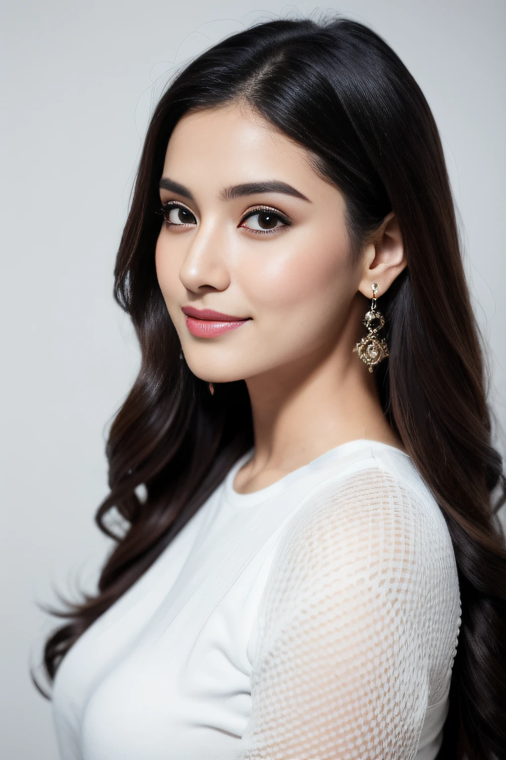 Please create an image of a fictional 20-year-old woman. She is tall and slender, with long, straight black hair. Her eyes are big , beautiful and black, and she has an angelic face. She has a fair complexion. Her personality is gentle and intellectual, and she is a fashionista and famous and attractive model. Her clothing style is western casual like joggers and white crop top lose . She is sitting facing forward, with a soft and sincere expression that exudes credibility and a beautiful wide smile with dimples on both side. It is a close up picture of her face. The setting around her is a her room. Please generate a realistic image of her, capturing all these details and characteristics. Ensure that the image conveys her essence as a beautiful , attractive,  fashion model.Create a hyper realistic image that look real like human.