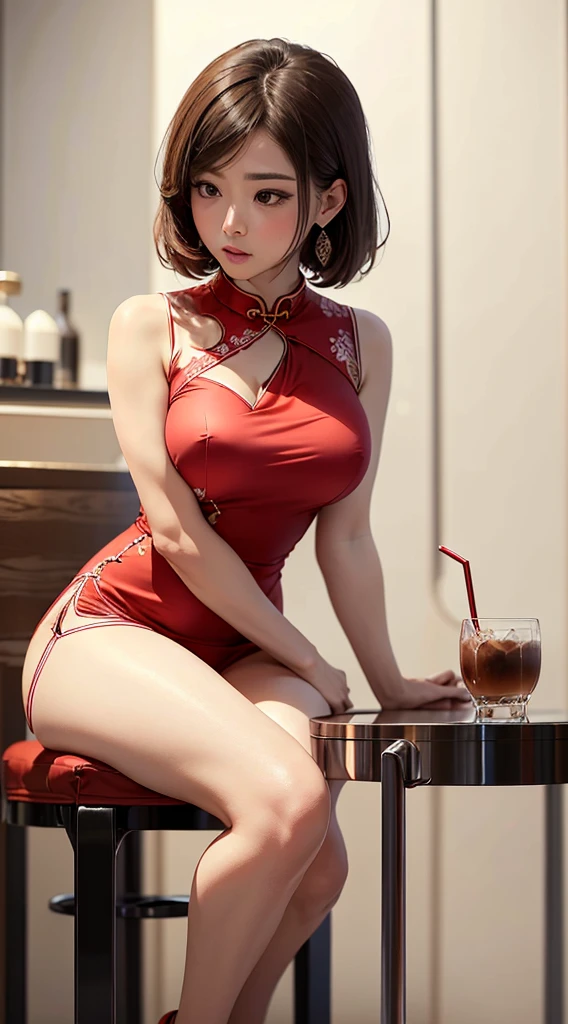 best qualtiy,tmasterpiece,Ultimate Resolution,Brown-haired semi-long、downy,highly colorful,looking at the viewers, red blush, Cheongsam beauty,A MILF,((Sleeveless Red Micro Mini Cheongsam、Slit at waist)),White shorts、Kneeling Pose,Collar,anklets,((high-heels)),high-heels,Correct posture、Inside the coffee shop、Sit on a chair and have a drink、