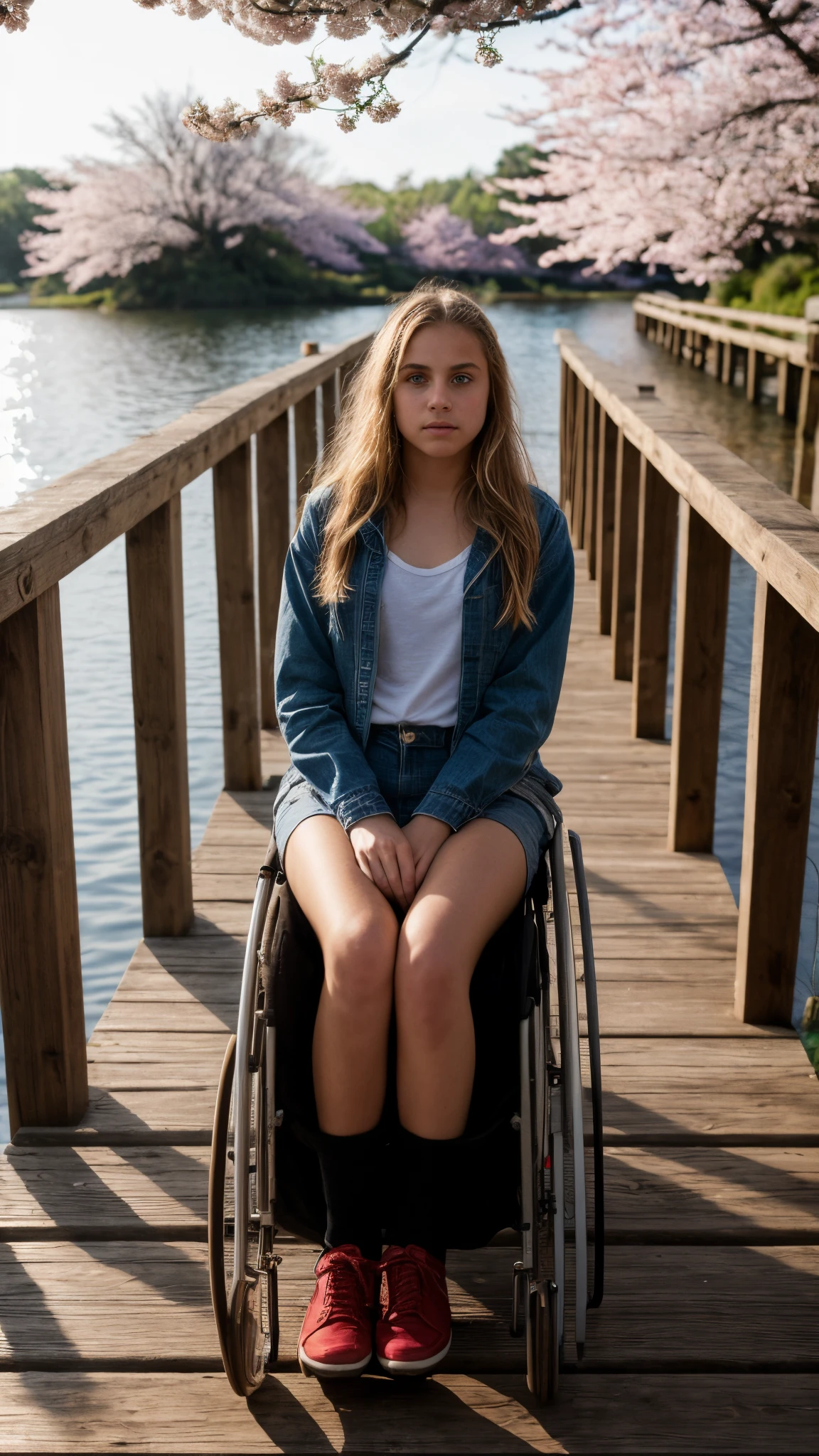 16 year old pre-teen, Latina, blonde, long hair, small breasts, big eyes, long legs, open shirt, pleated skirt, red shoes, playground background, crossing a wooden bridge at the lake, trees, cherry blossom , sunrise, light through fabric, penis, (large, long, veins), testicles, sitting in wheelchair, (realistic, photorealistic: 1.37), specular light, volumetric light, ray tracing, HDR10