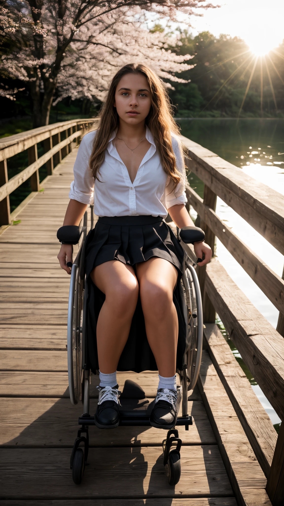 -teen, Latina, be, long hair, small breasts, big eyes, long legs, open shirt, pleated skirt, red shoes, playground background, crossing a wooden bridge at the lake, trees, cherry blossom , sunrise, light through fabric, penis, (large, long, veins), testicles, sitting in wheelchair, (realistic, photorealistic: 1.37), specular light, volumetric light, ray tracing, HDR10