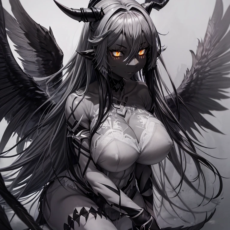 Best quality,A high resolution,A demon girl,(Gray-black skin:1.7),(a pair of long, curved horns:1.5),Wings with black feathers,brassier,(huge :1.3),(Muscular)