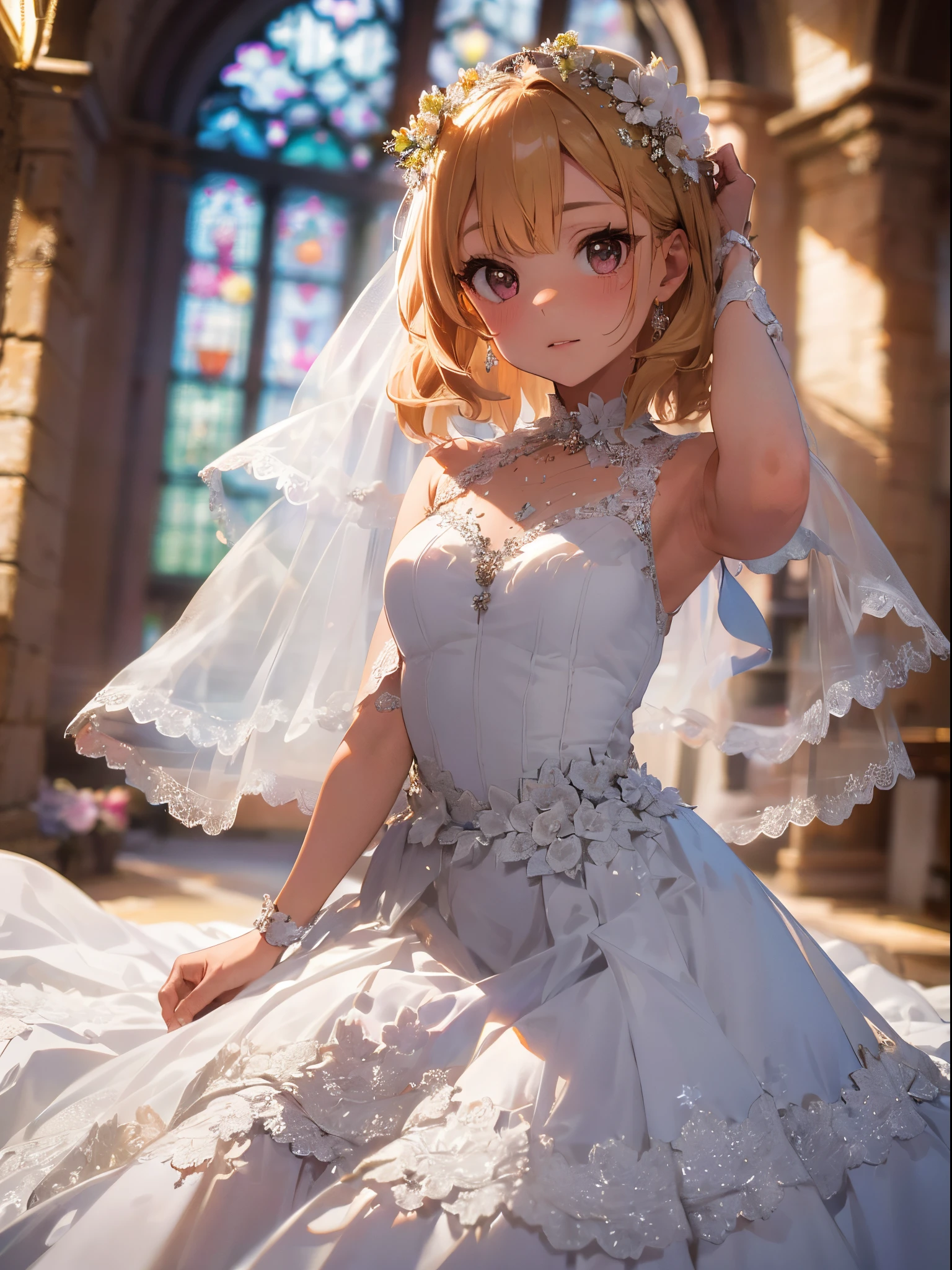 (Best Picture Quality, 4K, High Quality, Masterpiece:1.2), ((Masterpiece)), High Detail, High Quality, (HDR,16k, RAW Beautiful Girl Portrait, Best Picture Quality, Masterpiece:1.2), (Ultra-Definition Illustration), full body, extremely beautiful, blond wavy short hair, round face, (Petite girl:1.1), church, flower petal, audience, beautiful light, gorgeous wedding dress, sleeveless, wedding veil, tied wrist, armpits,