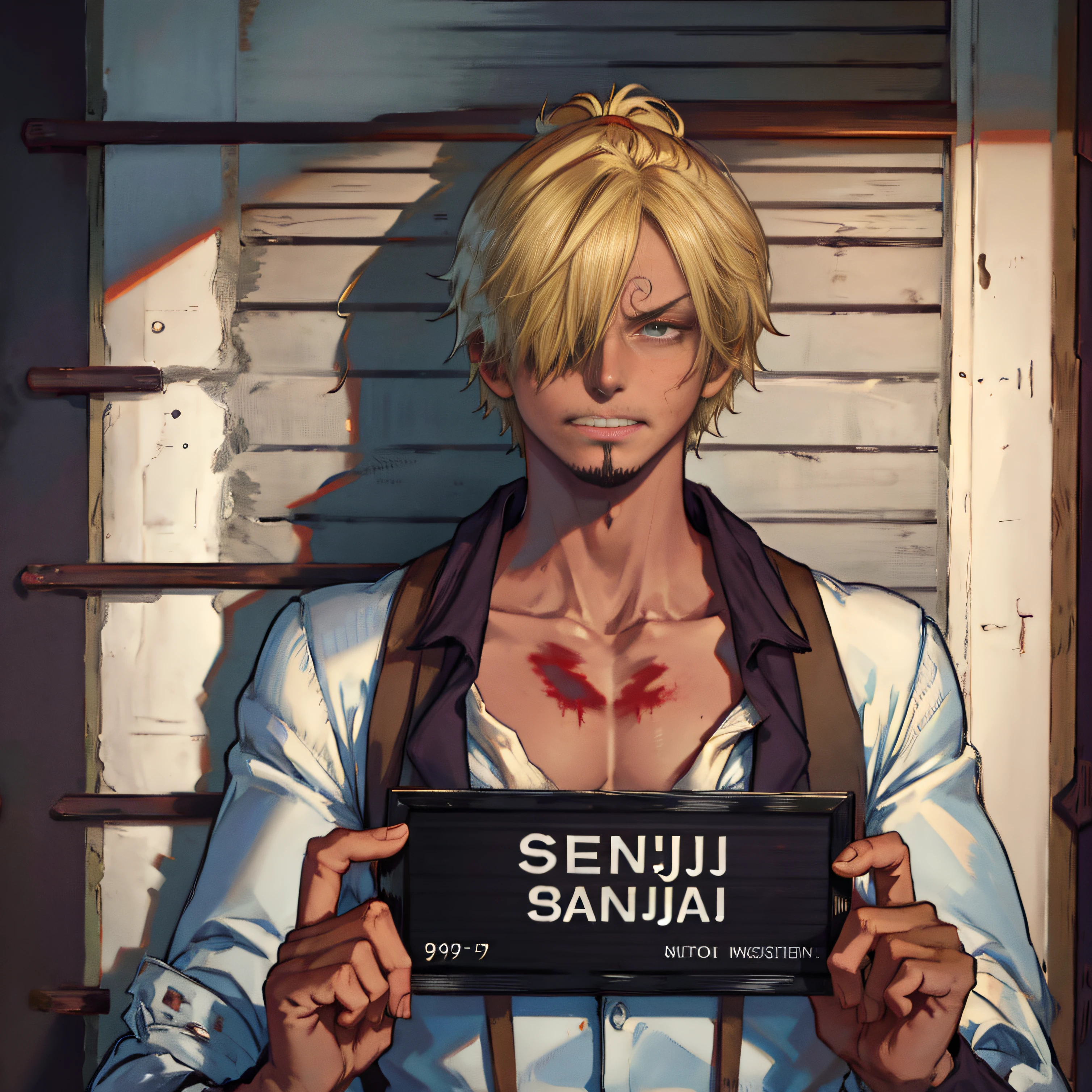 corpse, sinister, male, looking at the camera, ultra realistic, fully detailed, cemetery environment, bright eyes, white dress torn and stained with blood, bones exposed, putrid wounds, sensual, terrifying, bruised by the body, exposed fracture in the collarbone, slight smile, super detailed, white eyes,gun shots in the body, Vinsmoke Sanji, Clear eyes,