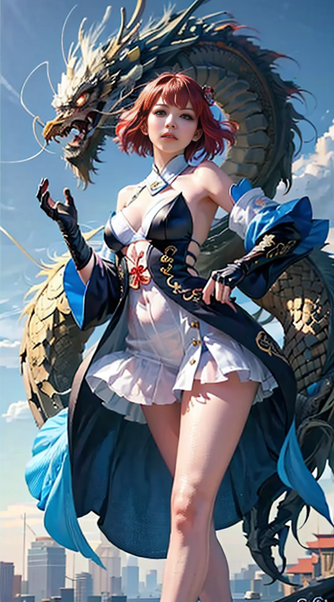 offcial art,Unity8k wallpapers,ultra - detailed,Beauty and aesthetics,tmasterpiece,Best quality,(Tangled,dispute,wring),(s fractal art:1.4),1个Giant Breast Girl,black color hair,china idol,cropped shoulders,short skirt,Small thighs,navel,The content is very detailed,dynamic angle,cow boy shot,(Chaos in its most beautiful form),Flowing,(vibrant with colors),okeh,(Half a body:1.2),Chinese Big Breasts,(thangka flying sky:1.5),(ribbons:1.3),(Fantastic and magical:1.5),(Hanfu:1.5),chinesedragon,Chinese Phoenix,(ssmile:0.5 ),(Chinese God),realisticlying