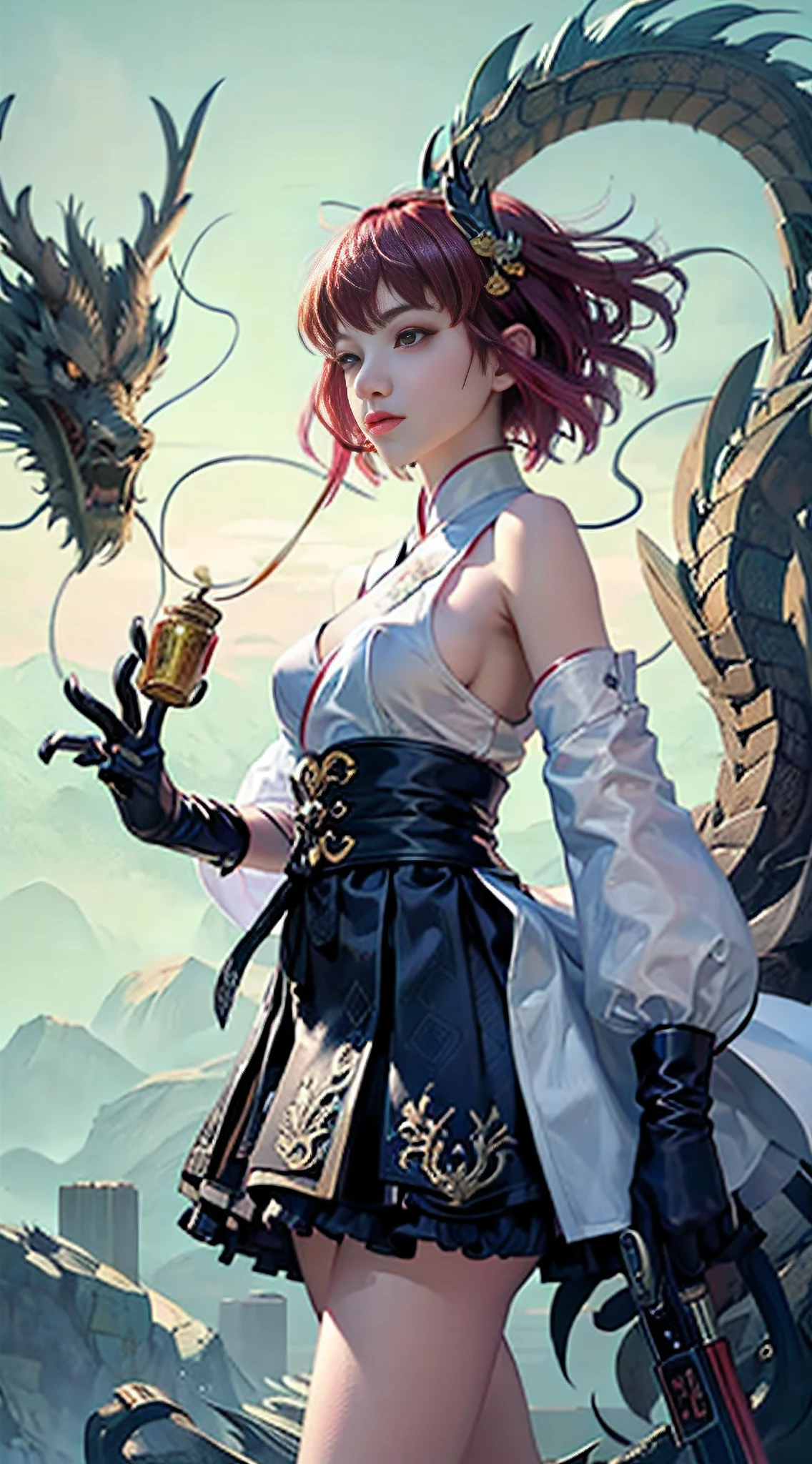 offcial art,Unity8k wallpapers,ultra - detailed,Beauty and aesthetics,tmasterpiece,Best quality,(Tangled,dispute,wring),(s fractal art:1.4),1个Giant Breast Girl,black color hair,china idol,cropped shoulders,short skirt,Small thighs,navel,The content is very detailed,dynamic angle,cow boy shot,(Chaos in its most beautiful form),Flowing,(vibrant with colors),okeh,(Half a body:1.2),Chinese Big Breasts,(thangka flying sky:1.5),(ribbons:1.3),(Fantastic and magical:1.5),(Hanfu:1.5),chinesedragon,Chinese Phoenix,(ssmile:0.5 ),(Chinese God),realisticlying