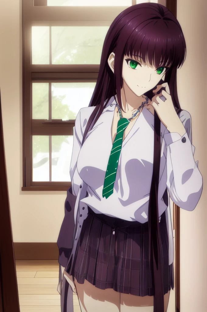 8K UHD, hight resolution,Very detailed CG, High quality shadows, Detail Beautiful delicate face, Detail Beautiful delicate eyes,BREAK(Very detailed 8k wallpaper),(Highly detailed CG 8K wallpaper),Makima (chain saw man),Sukasaha (Fate/grand order),Shimohira Reihua ,Hi-Res,Very delicate and beautiful CG illustration,top-quality,Realistic skin feeling,Realistic fabric,Realistic texture,beautiful thigh,big breasts thin waist,(((masutepiece))), (((Best Quality))),8K,32K,masterpiece,beautiful alluring anime woman,ultra-definition,ultra-detailliert,hight resolution,a hyperrealistic schoolgirl,masuter piece, Best Quality, High quality, High Definition, high quality texture, high quality shadow, high detailing,finely detail,1girl in,High school students,Solo,Soio,Only one person,Alone,One Person,tall,AS-Adult,Mature atmosphere,Leg length,neat and long legs,8 Head Body,stature:171cm,Mature girls,Reddish-purple hair,Reddish-purple hair,Purple hair,cassis colored hair,silky and smooth hair,Colorful hair,Straight hair,Smile,Smiling happily,lively expression,Cute smile,Cool Beauty,Beautuful Women,Neat face, Beautiful realism,Seductive look,Bewitching look,serene expressions,beautiful hairl,She wears a necklace around her neck,Necklace,bead necklace,magatama accessories,A slight smil,Colorful eyes,green colored eyes,Jade-colored eyes,beautidful eyes,Bright eye,Delicat eyes,Eyes Like Gems,Jade Eyes,Hanging eyes,(Green eyes:1.5),Seductive face,((White collared shirt)),Button shirt,neck tie,Red tie,校服,High school students,School Sweater,Dark grey sweater,plaid skirts,Hands folded behind your back,is standing,elegant look,during daytime,Sunlight,school buildings,hallway,is standing,Leaning against the wall,Put your hands behind your back,early evening,Sunset outside the window,After school,Watching the viewer,