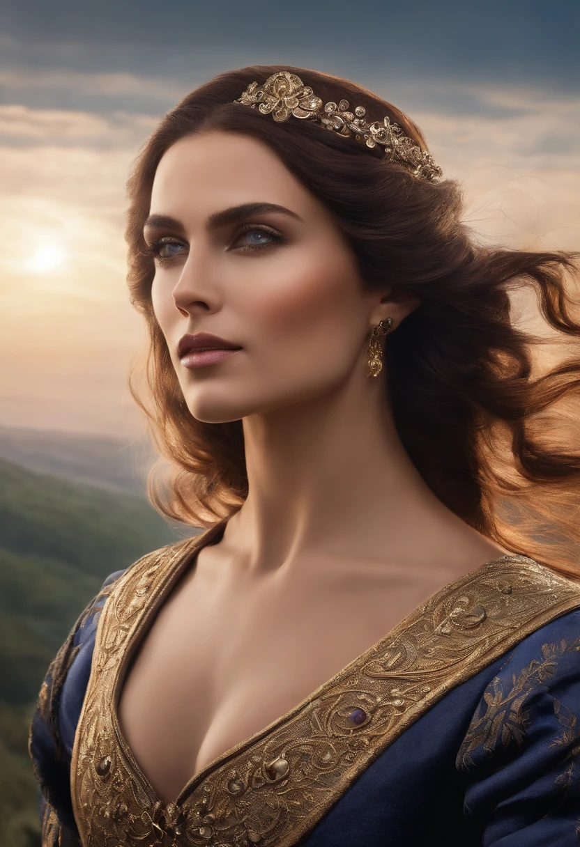 A stunning aerial view of the character and Vhagar, soaring through the sky with the sun setting in the background.,A Song of Ice and Fire,[Hair=Long, straight, platinum, silver. Facial features=strong and prominent jawline, straight nose, full lips with defined cupids bow, one violet eye (right), scar from left eyebrow to left cheekbone, missing left eye replaced by blue sapphire. Body=Tall, lithe, defined muscles, broad shoulders and chest, long torso, small waist, long legs, tight round arse, long thick uncircumcised cock. Hands=Large, veiny, long elegant fingers. Appearance=medieval regal attire, expensive fabrics, impeccable taste, wears dark colours, casual attire only in private, wears a leather eyepatch over left eye.], male