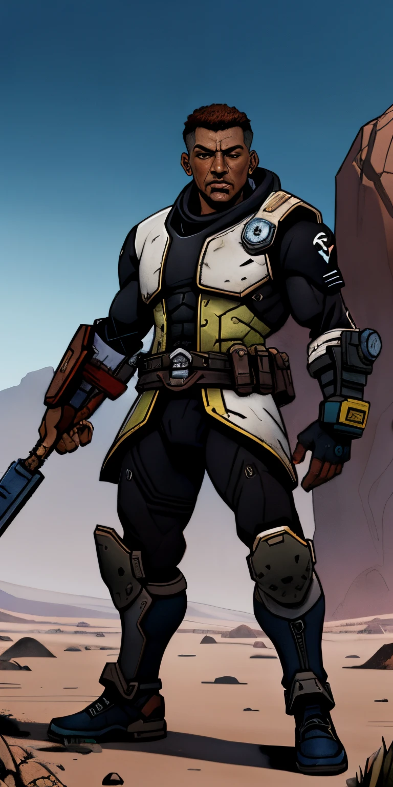 (((scientific fiction, pele negra, desenho de linha, aquarela, macho))), high definition character art, personagem do jogo Borderlands, cabelo preto curto, olhos vermelhos, homem forte, in dynamic pose, pronto para enfrentar seus inimigos, behind a futuristic desert, personagem masculino do jogo Borderlands. Esta imagem de alta qualidade, renderizada em 8K Ultra HD, mostra detalhes intrincados da cena. obra-prima aprimorada digitalmente ou pintada com requinte, scientific fiction, fronteiras, postura ativa, estilo de quadrinhos