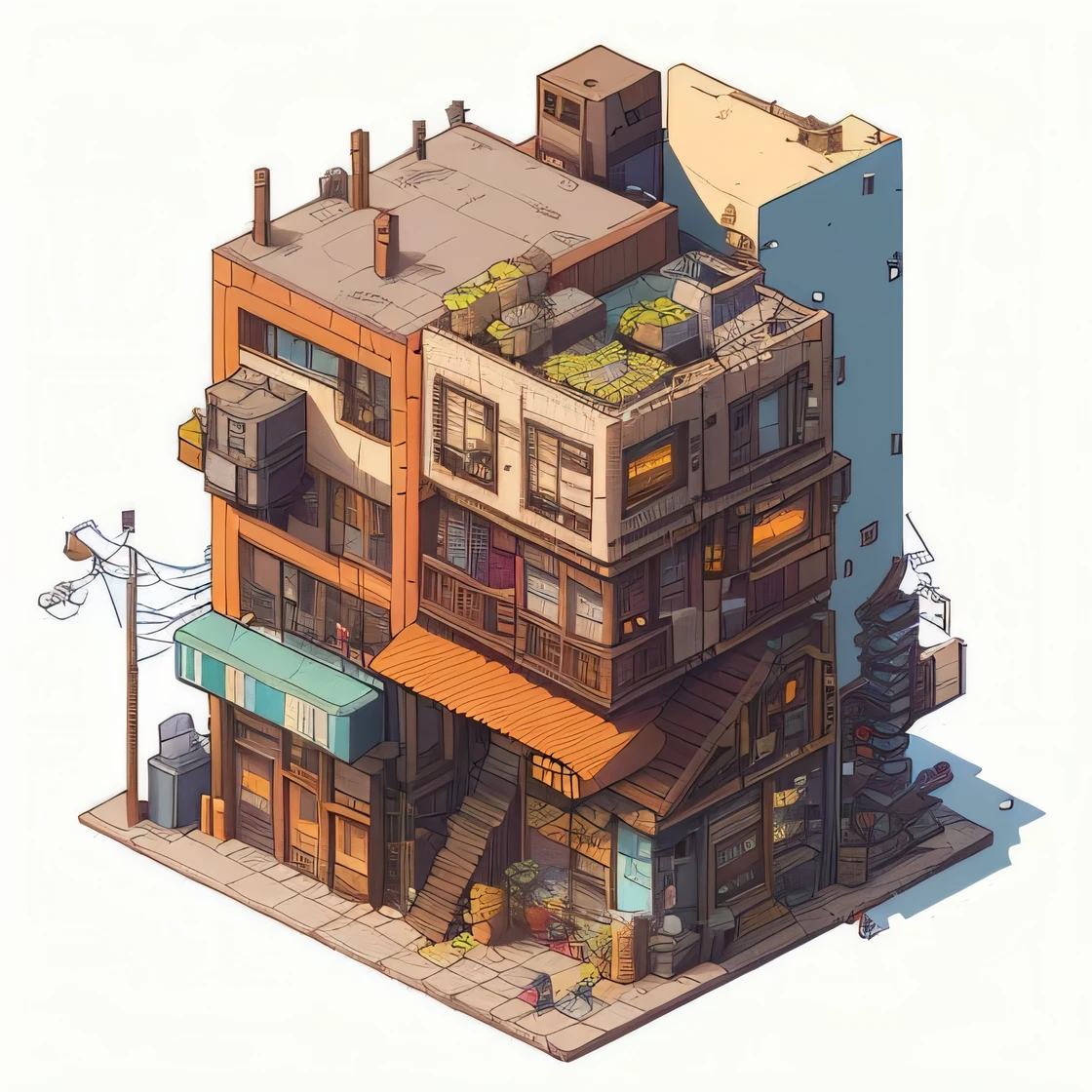 A close-up of a building with a staircase and a balcony, isometric art, isometric pixel art, Art of isometric voxel, pixel art isometric drawing, isometric pixelart, isometric 8k, detailed 2d illustration, isometric illustration fun, por Ryan Yee, isometric illustration, Very detailed isometric, beautiful detailed pixel art, isometric style