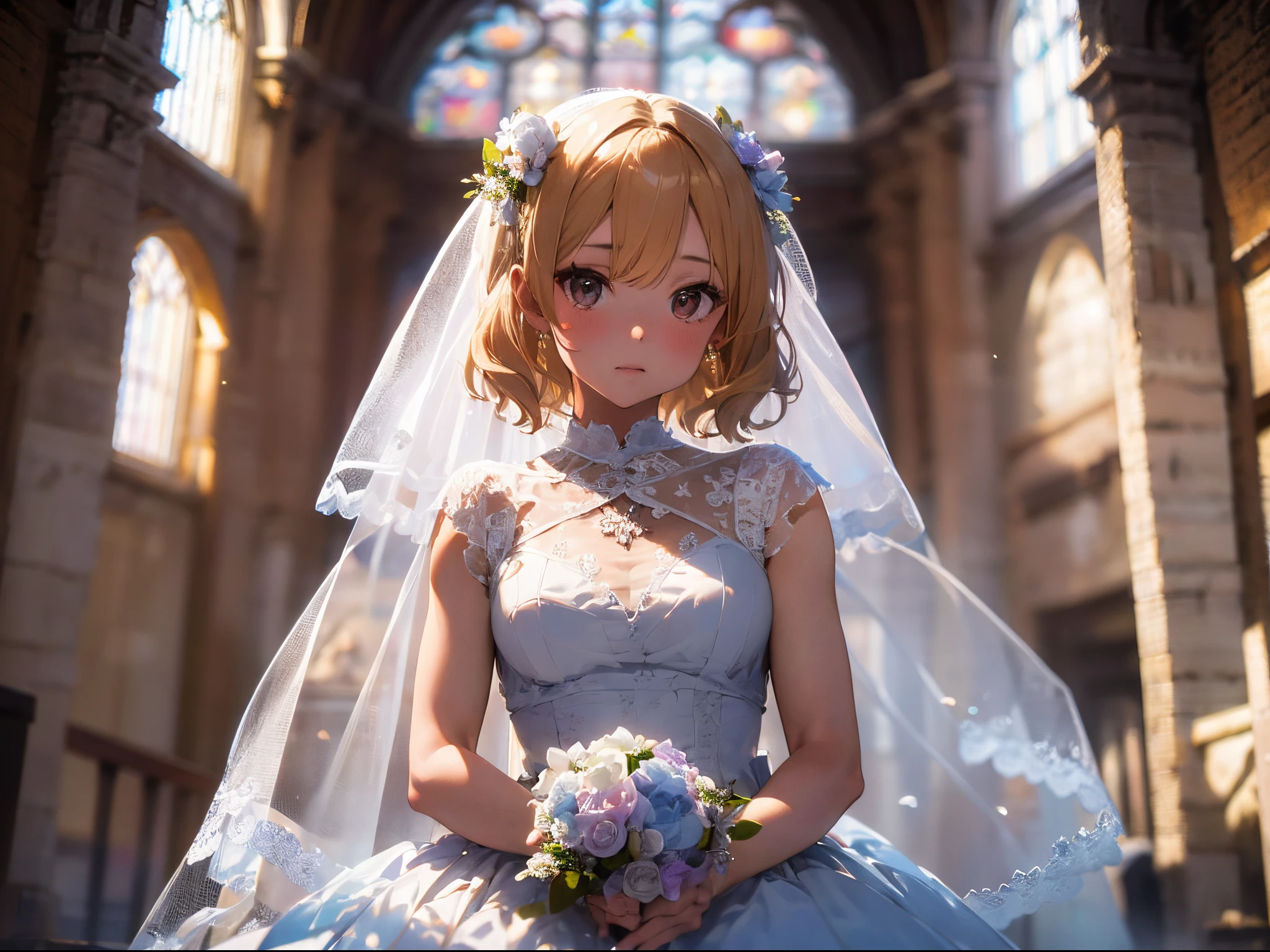 (Best Picture Quality, 4K, High Quality, Masterpiece:1.2), ((Masterpiece)), High Detail, High Quality, (HDR,16k, RAW Beautiful Girl Portrait, Best Picture Quality, Masterpiece:1.2), (Ultra-Definition Illustration), full body, extremely beautiful, blond wavy short hair, round face, (Petite girl:1.1), church, flower petal, audience, beautiful light, gorgeous wedding dress, sleeveless, wedding veil, tied wrist, armpits,