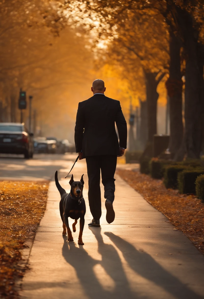 A photo of a hit man and a Doberman enjoying a morning jog in the park.,original,John Wick, male