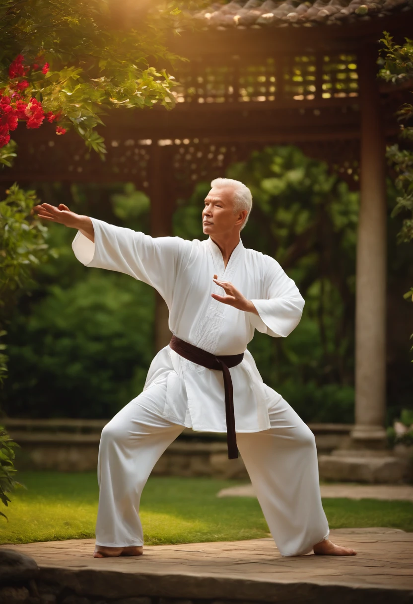 A photo of the character practicing Tai Chi in a serene garden,original,he is rick astley, male