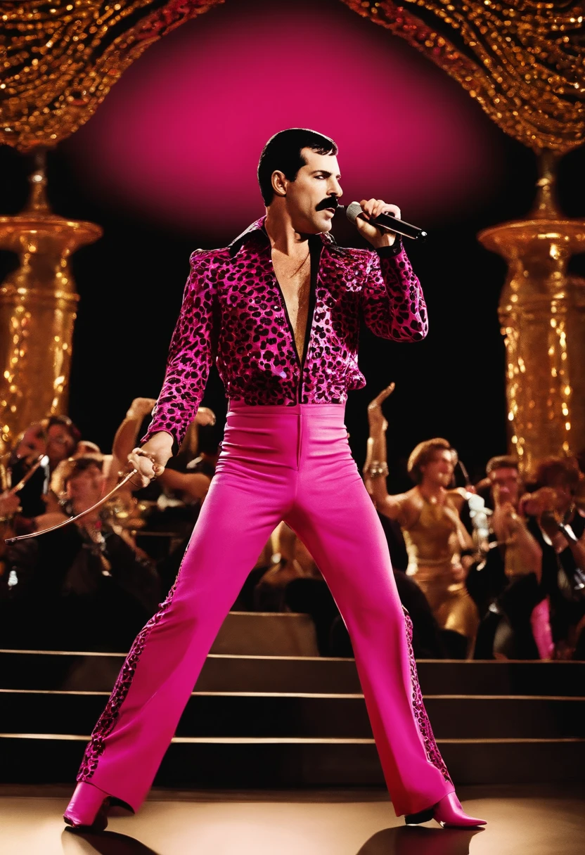 The image is of Freddie Mercury in a fabulous hot pink and black leopard print jumpsuit, striking a fierce and glamorous pose on stage.,original,Freddie Mercury, male