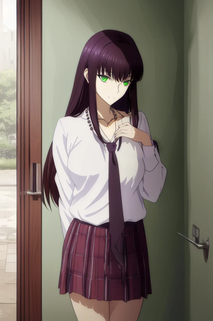 Left hand5This refers to,8K UHD, hight resolution,Very detailed CG, High quality shadows, Detail Beautiful delicate face, Detail Beautiful delicate eyes,BREAK(Very detailed 8k wallpaper),(Highly detailed CG 8K wallpaper),Makima (chain saw man),Sukasaha (Fate/grand order),Shimohira Reihua ,Hi-Res,Very delicate and beautiful CG illustration,top-quality,Realistic skin feeling,Realistic fabric,Realistic texture,beautiful thigh,big breasts thin waist,(((masutepiece))), (((Best Quality))),8K,32K,masterpiece,beautiful alluring anime woman,ultra-definition,ultra-detailliert,hight resolution,a hyperrealistic schoolgirl,masuter piece, Best Quality, High quality, High Definition, high quality texture, high quality shadow, high detailing,finely detail,1girl in,High school students,Solo,Soio,Only one person,Alone,One Person,tall,AS-Adult,Mature atmosphere,Leg length,neat and long legs,8 Head Body,stature:171cm,Mature girls,Reddish-purple hair,Reddish-purple hair,Purple hair,cassis colored hair,silky and smooth hair,Colorful hair,Straight hair,Smile,Smiling happily,lively expression,Cute smile,Cool Beauty,Beautuful Women,Neat face, Beautiful realism,Seductive look,Bewitching look,serene expressions,beautiful hairl,She wears a necklace around her neck,Necklace,bead necklace,magatama accessories,A slight smil,Colorful eyes,green colored eyes,Jade-colored eyes,beautidful eyes,Bright eye,Delicat eyes,Eyes Like Gems,Jade Eyes,Hanging eyes,(Green eyes:1.5),Seductive face,((White collared shirt)),Button shirt,neck tie,Red tie,校服,High school students,School Sweater,Dark grey sweater,plaid skirts,Hands folded behind your back,is standing,elegant look,during daytime,Sunlight,school buildings,hallway,is standing,Leaning against the wall,Put your hands behind your back,early evening,Sunset outside the window,After school,Watching the viewer,
