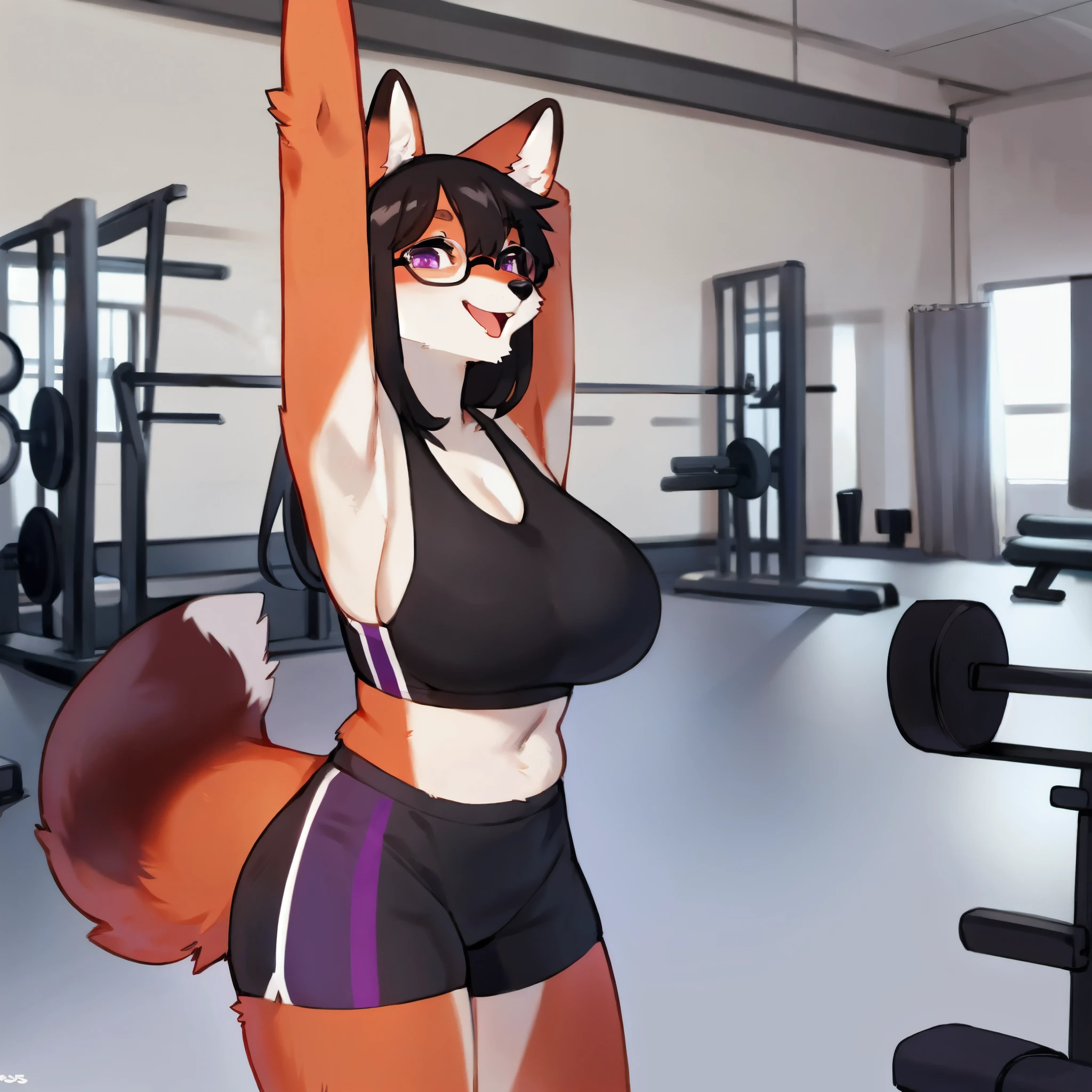 By bebebebebe, by spuydjeks, by goonie-san, female, standing, stretching, smiling, bushy tail, (red fox, red fur), black hair, purple eyes, thick black rimmed glasses, black nose, happy, excited, black sports bra, purple gym shorts, gymnasium, indoors, workout equipment, big breasts, (sweaty), open mouth, 1girl