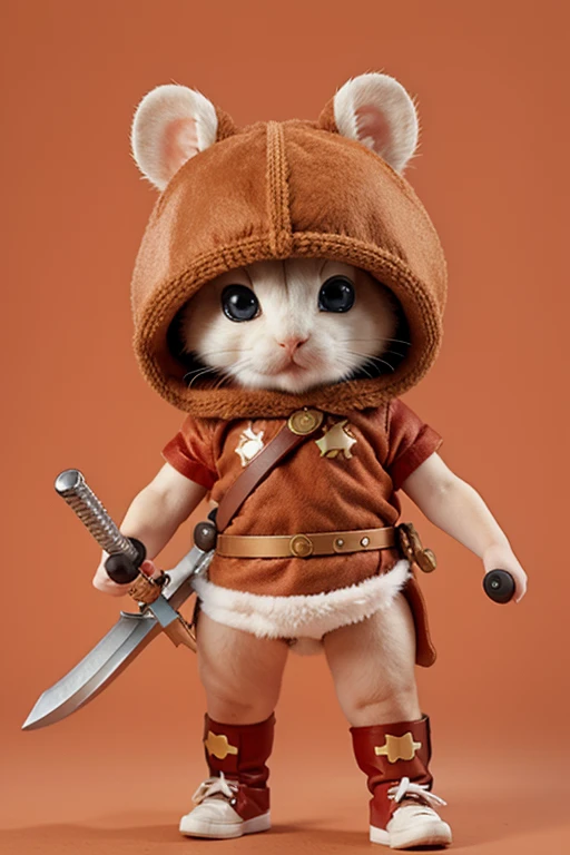 Create an adventurous hamster, standing like a human being, strong, cute eyes, with red fur, costume and weapons of a futiristic warrior.
