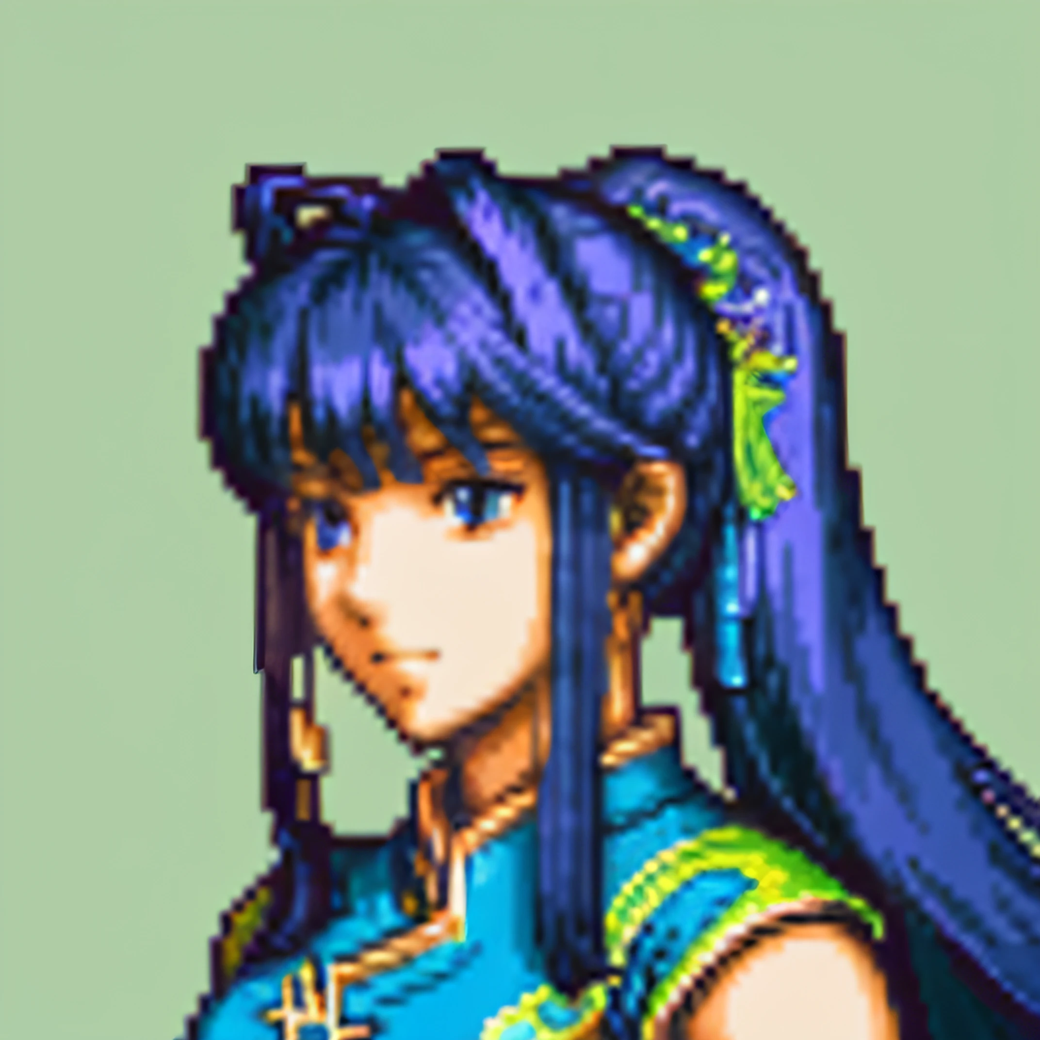 (Headshot),(Portrait),GBA portrait,Simple background,Solo,with a blue background,Green long hair,Ponytail hair,mix china and france,美丽的面容,wearing swimming wear,