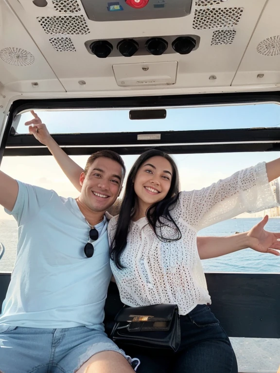 Happy couple sitting on a ferris wheel with big smile and hands in the air.
Men sitting left and is white with darkbond hair straight short blue eyes chubby face square face lightblue shirt darkblue shorts woman latina long black hair pretty face small face straight nose white detailed shirt black jeans black purse gold details
