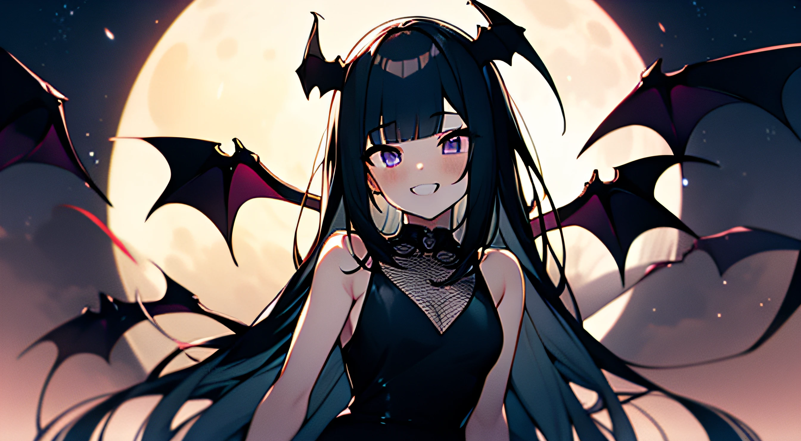 (Moon Night),  alluring succubus,Ultra-detailed Rihanna as Satan on the throne of hell, Lori, Vampire, Dark Gothic, fishnet tights, brack, (A dark-haired),  asymmetrical bangs, Blunt bangs, Straight hair, Long sideburns, two side up, Devilish girl, Purple eyes, tusk, sparking eyes,  kawaii, Cute, Naughty smile, double tooth, Dark Forces,  sharpteeth, Cowboy Shot, Little Girl