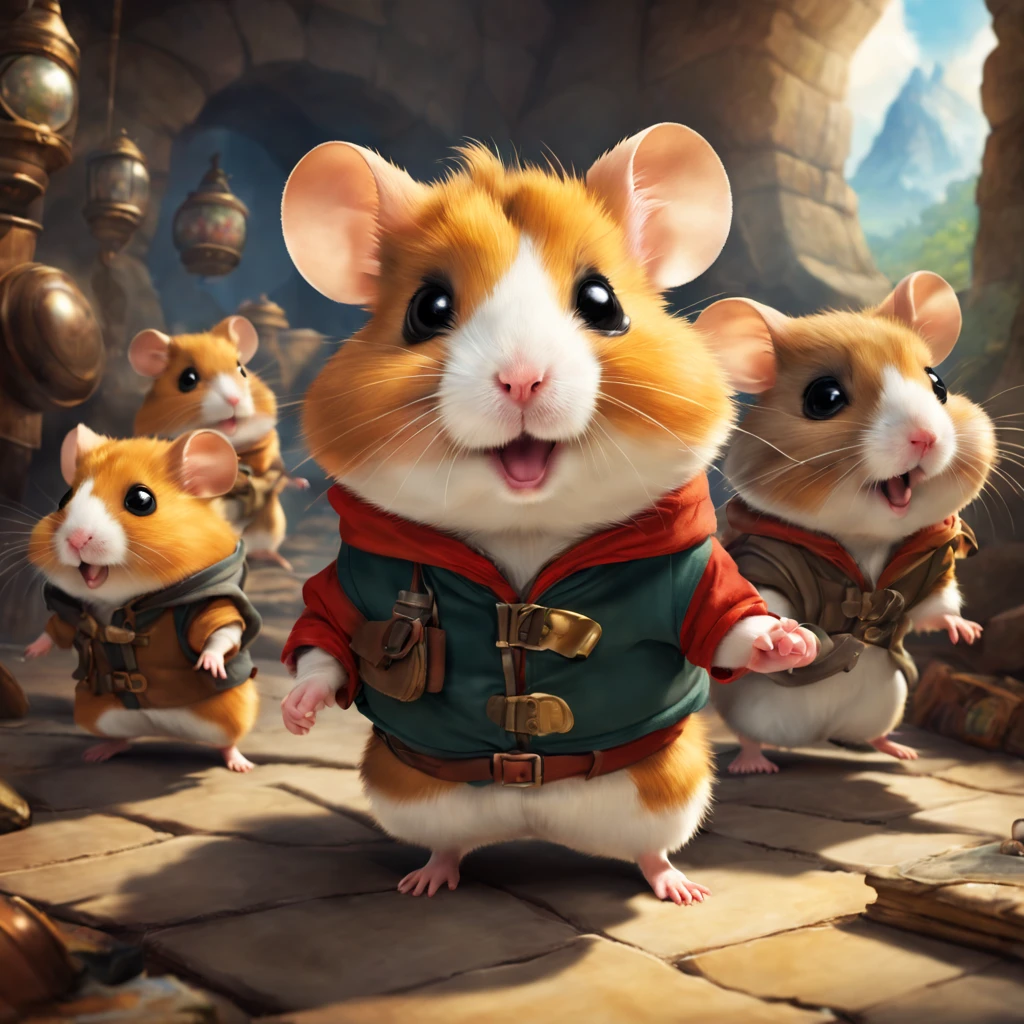 Movie Posters:hamster adventure,A cute hamster dressed as an adventurer jumps,fellow hamsters,Draw the shadow of the villain in the background,cute little,sano,Naughty,Fluffy hamsters,Adventurer&#39;s clothes details,Anatomically correct,great adventure,,Mirror the whole,Fantasia,