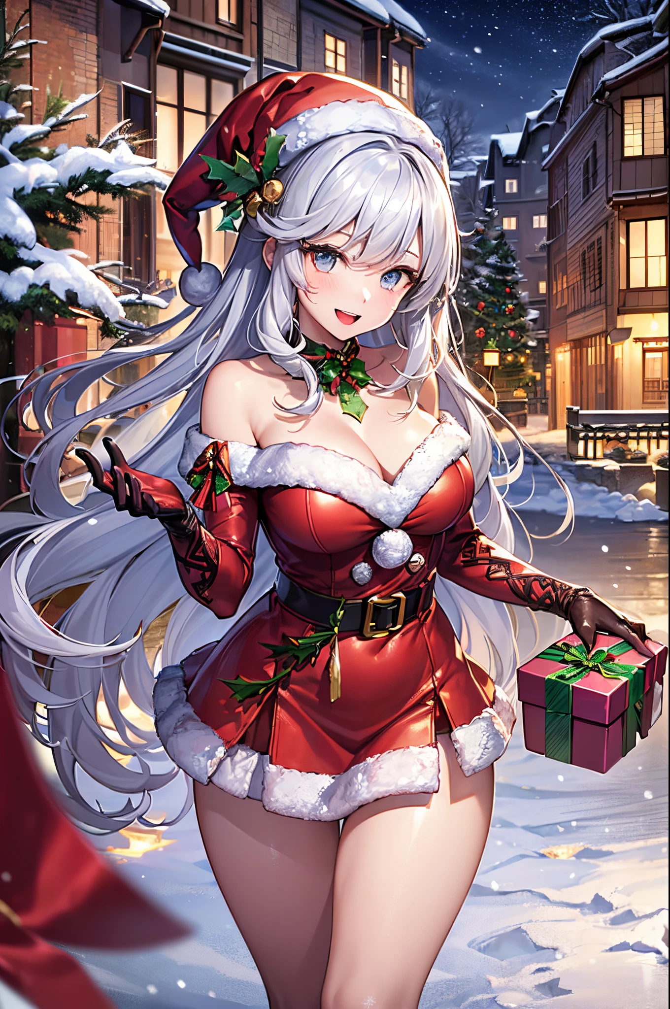 ((((perfect anatomy, super detailed skin)))), 1 girl, japanese, 14 years old, shiny skin, large breasts:0.5, watching the view,
beautiful hair, beautiful face, beautiful detailed eyes, (middle hair:1.4), silver hair,
beautiful clavicle, beautiful body, beautiful chest, beautiful thigh, beautiful legs, babyface, mole under eye,
((symmetrical clothing, metallic red santa claus hat, metallic red off shoulder santa claus mini dress, white fur cuffs, white long gloves, white fur metallic red middle boots), christmas necklace), seductive thighs,
(smile:1.5, open mouth), walking, ((holding a gift box:1.5, hold out the gift box:1.5)),
(beautiful scenery),winter, midnight, christmas, outdoors, park, (christmas tree), illumination, snow, snowfall:1.5,
(8k, top-quality, masterpiece:1.2, extremely detailed), (photorealistic), beautiful illustration, cinematic lighting,