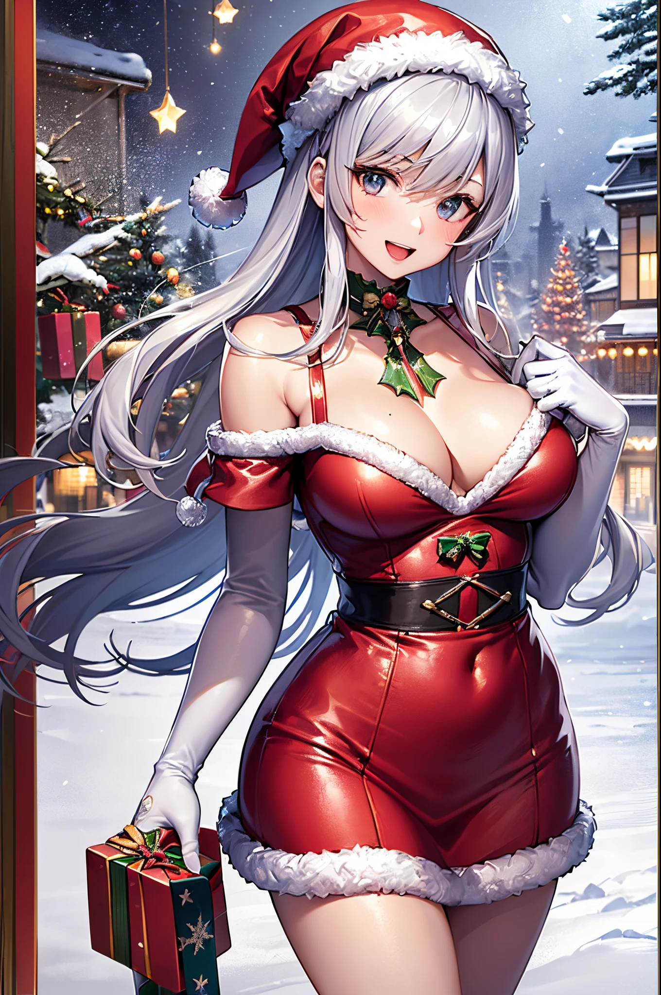((((perfect anatomy, super detailed skin)))), 1 girl, japanese, s old, shiny skin, large breasts:0.5, watching the view,
beautiful hair, beautiful face, beautiful detailed eyes, (middle hair:1.4), silver hair,
beautiful clavicle, beautiful body, beautiful chest, beautiful thigh, beautiful legs, babyface, mole under eye,
((symmetrical clothing, metallic red santa claus hat, metallic red off shoulder santa claus mini dress, white fur cuffs, white long gloves, white fur metallic red middle boots), christmas necklace), seductive thighs,
(smile:1.5, open mouth), walking, ((holding a gift box:1.5, hold out the gift box:1.5)),
(beautiful scenery),winter, midnight, christmas, outdoors, park, (christmas tree), illumination, snow, snowfall:1.5,
(8k, top-quality, masterpiece:1.2, extremely detailed), (photorealistic), beautiful illustration, cinematic lighting,