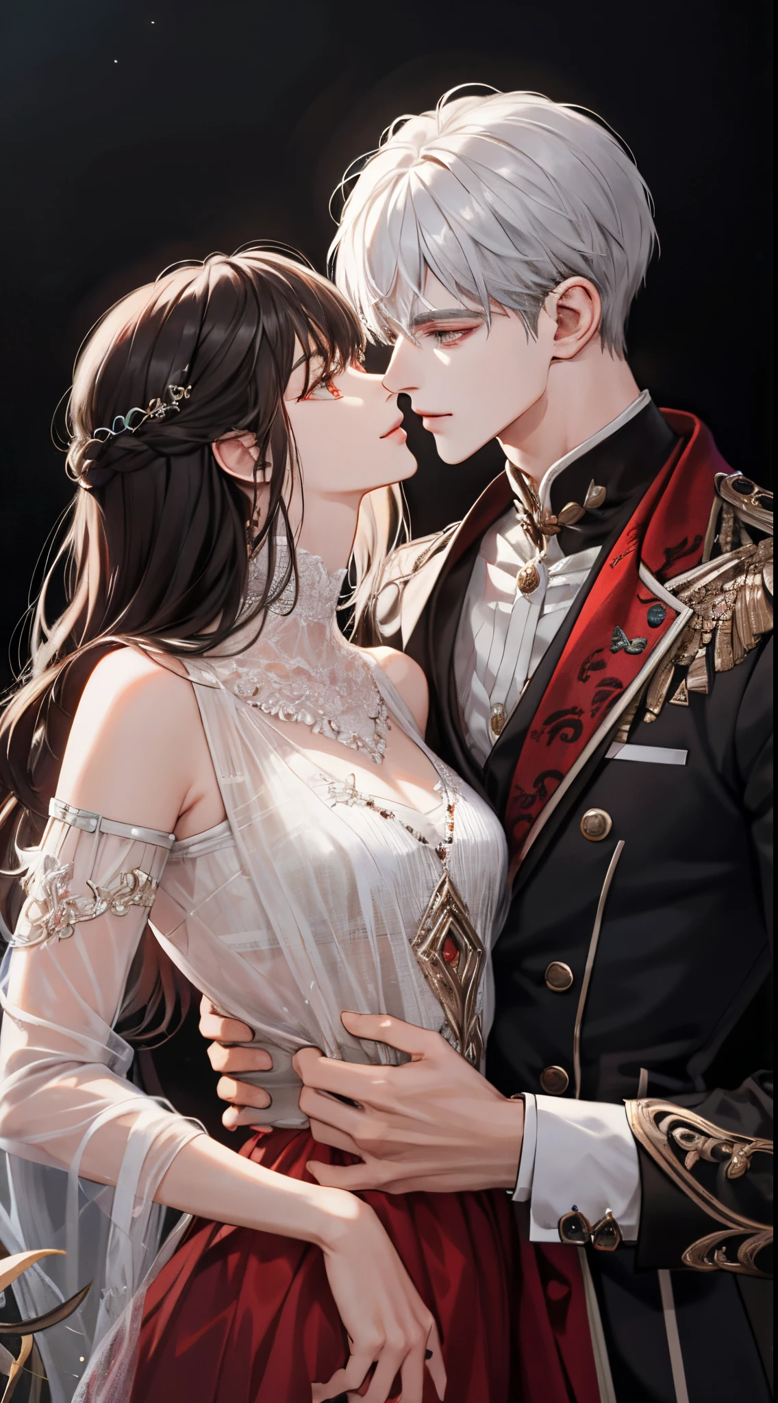 (extreamly delicate and beautiful:1.2), 8K, (tmasterpiece, best:1.0), Two male, One female, Upper body body, black-haired, silver hair, red dark hair, love triangle, 2 male 1 female - love triangle, vibrant colors