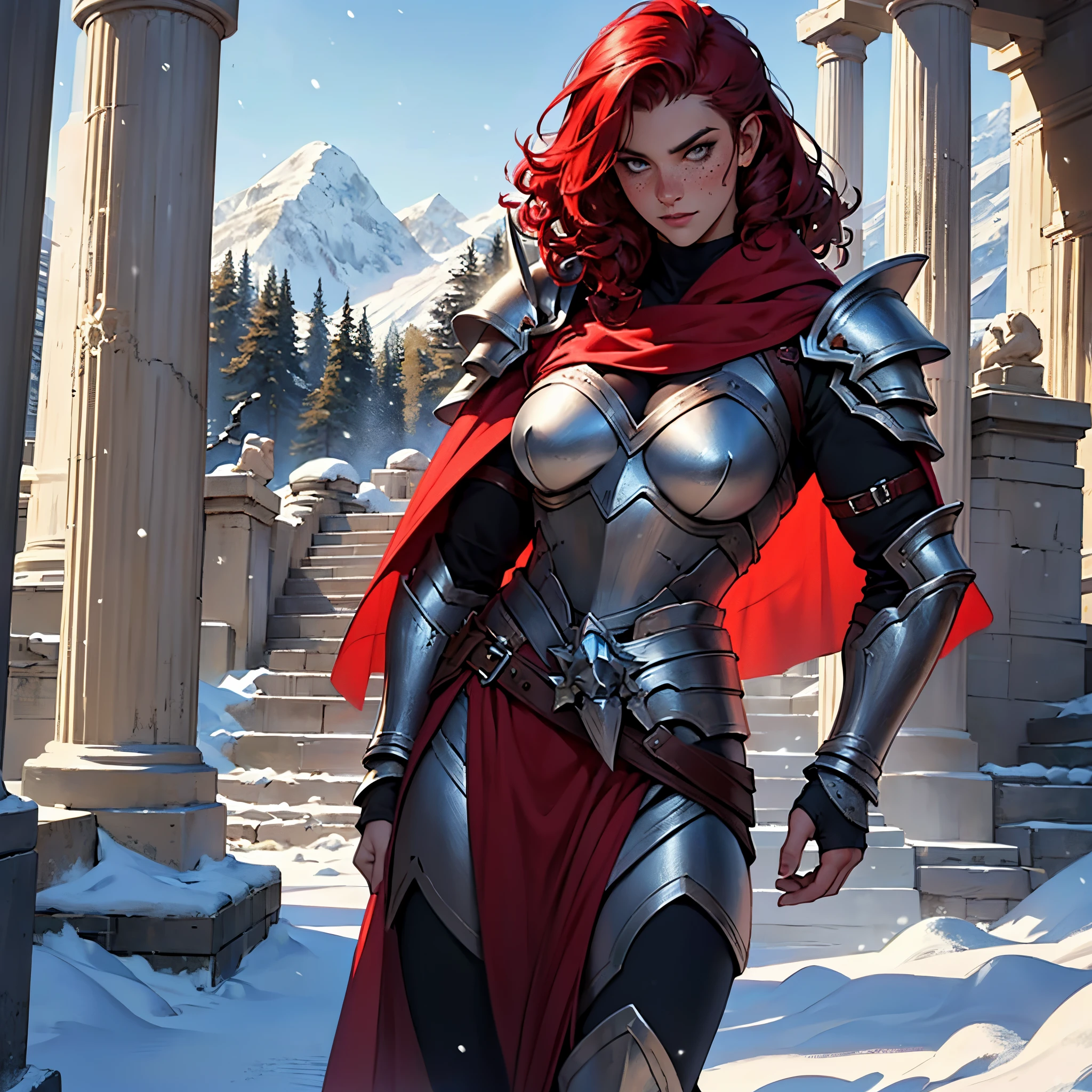 ​masterpiece, Best Quality, 4k, Background with:In front of the snow-covered stairs of a Greek temple with snow-capped mountains in the distance, One female Valkyrie warrior wearing silver armor and dark red cape, dark red curly hair, Stiff expression and freckles, Big Guy, thin eyebrows, Fantasy, close up portrait photo