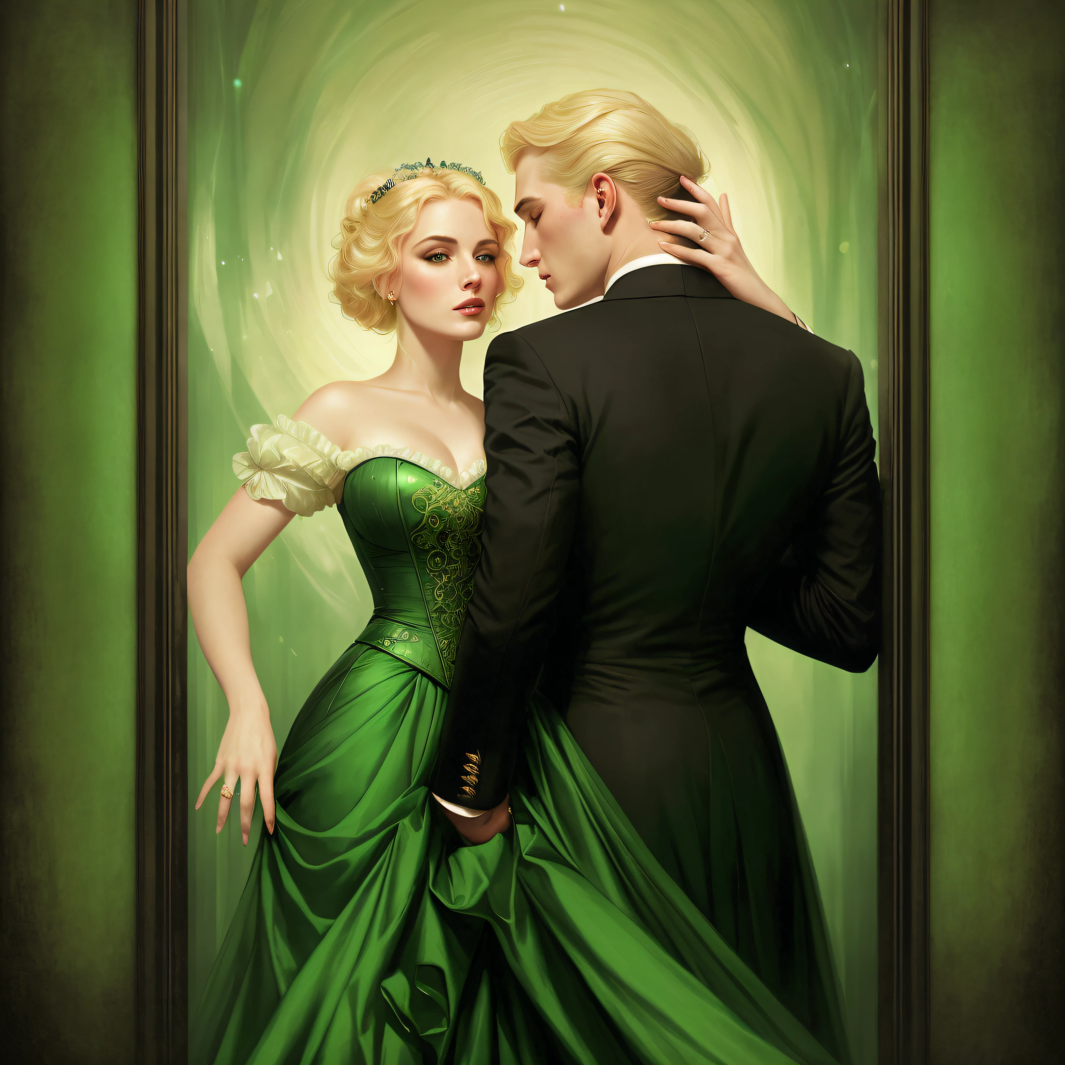 a blonde woman in a green dress stands next to a man in a black suit, charlie bowater and artgeem, romance novel cover, inspired by Delphin Enjolras, alluring mesmer woman, Charlie Bower and Tom Bagshaw, Fantasy Victorian art, style of charlie bowater, charlie bowater rich deep colors