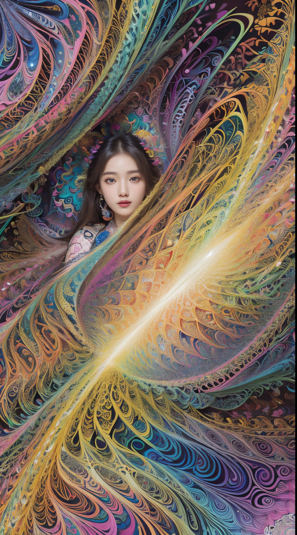 (masterpiece, top quality, best quality, official art, beautiful and aesthetic:1.2), (1girl:1.3), extremely detailed,(fractal art:1.2),colorful,highest detailed,(zentangle:1.2), (dynamic pose), (abstract background:1.5), (treditional dress:1.2), (shiny skin), (many colors:1.4), upper body