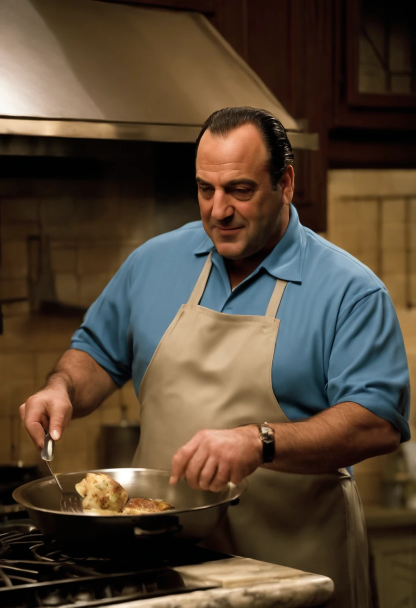 A photo of Tony cooking a traditional Italian dish in a rustic kitchen,The Sopranos,Tony Soprano, the fictional mob boss in “The Sopranos,” is a physically imposing figure, with a broad, stocky build, and a face that often shifts between a charming smile and a menacing glare. His attire, usually consisting of sharply tailored suits or casual polo shirts, adds to his air of authority and the duality of his life as a mobster and family man., male