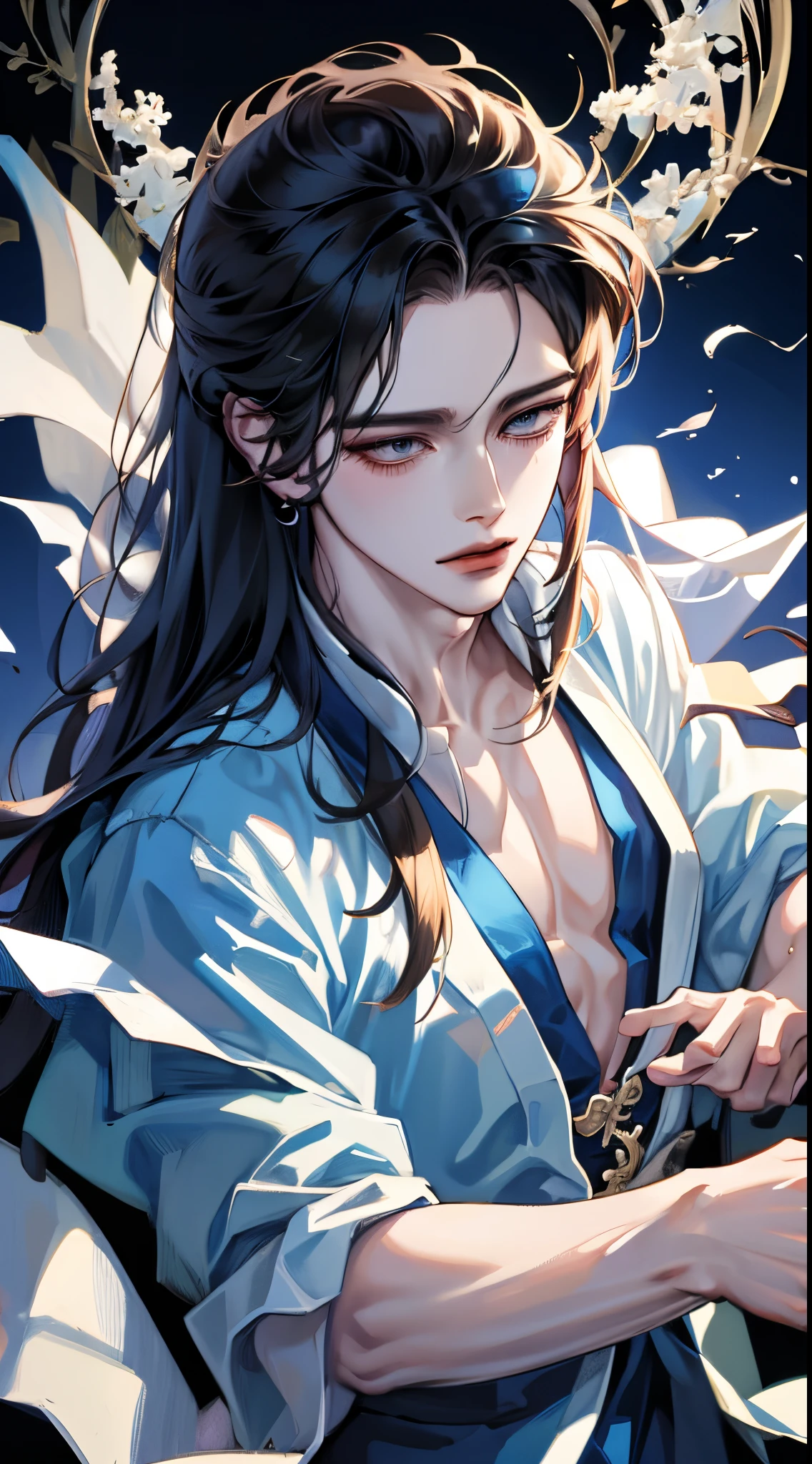 Close-up of a man with long hair and a blue dress, Belle peinture de personnage, Beautiful hermaphroditic prince, cai xukun, inspired by Zhang Han, flowing hair and long robes, heise jinyao, Handsome guy in the art of slaying demons, Inspired by Bian Shoumin, Hanfu, Exquisite androgynous prince, inspired by Zhao Yuan
