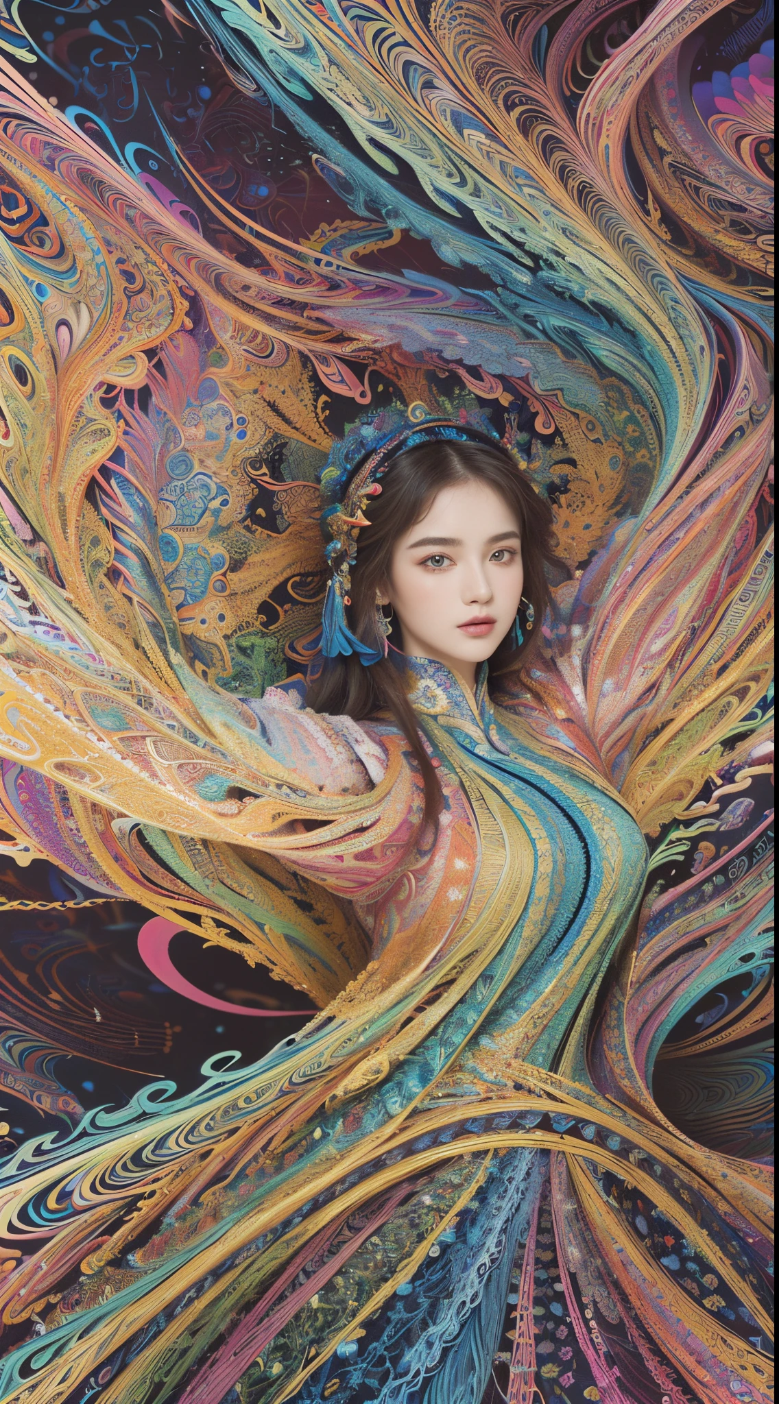(masterpiece, top quality, best quality, official art, beautiful and aesthetic:1.2), (1girl:1.3), extremely detailed,(fractal art:1.2),colorful,highest detailed,(zentangle:1.2), (dynamic pose), (abstract background:1.5), (treditional dress:1.2), (shiny skin), (many colors:1.4), upper body