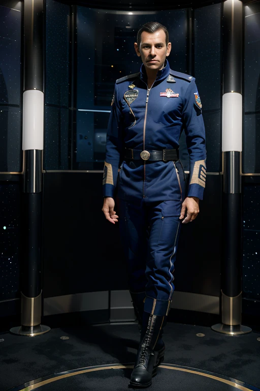 (Science fiction, Planet Medlana, Luxor solar system, international spaceport, Luxor solar system, best quality, 8K, masterpiece: 1.2) Man, Male hero, Gray man, meek hair, stern, inscrutable face, hero's face, age 42 years, figure athletic sports, in a dark blue uniform, the uniform of a colonel of the military air force - space force of the lunchtime congress of nations, long army boots, (background cosmodrome)