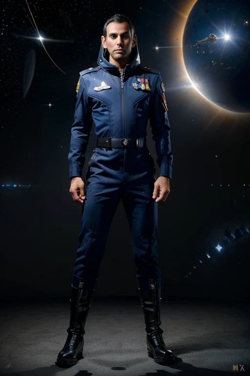 (Science fiction, Planet Medlana, Luxor solar system, international spaceport, Luxor solar system, best quality, 8K, masterpiece: 1.2) Man, Male hero, Gray man, meek hair, stern, inscrutable face, hero's face, age 42 years, figure athletic sports, in a dark blue uniform, the uniform of a colonel of the military air force - space force of the lunchtime congress of nations, long army boots, (background cosmodrome)