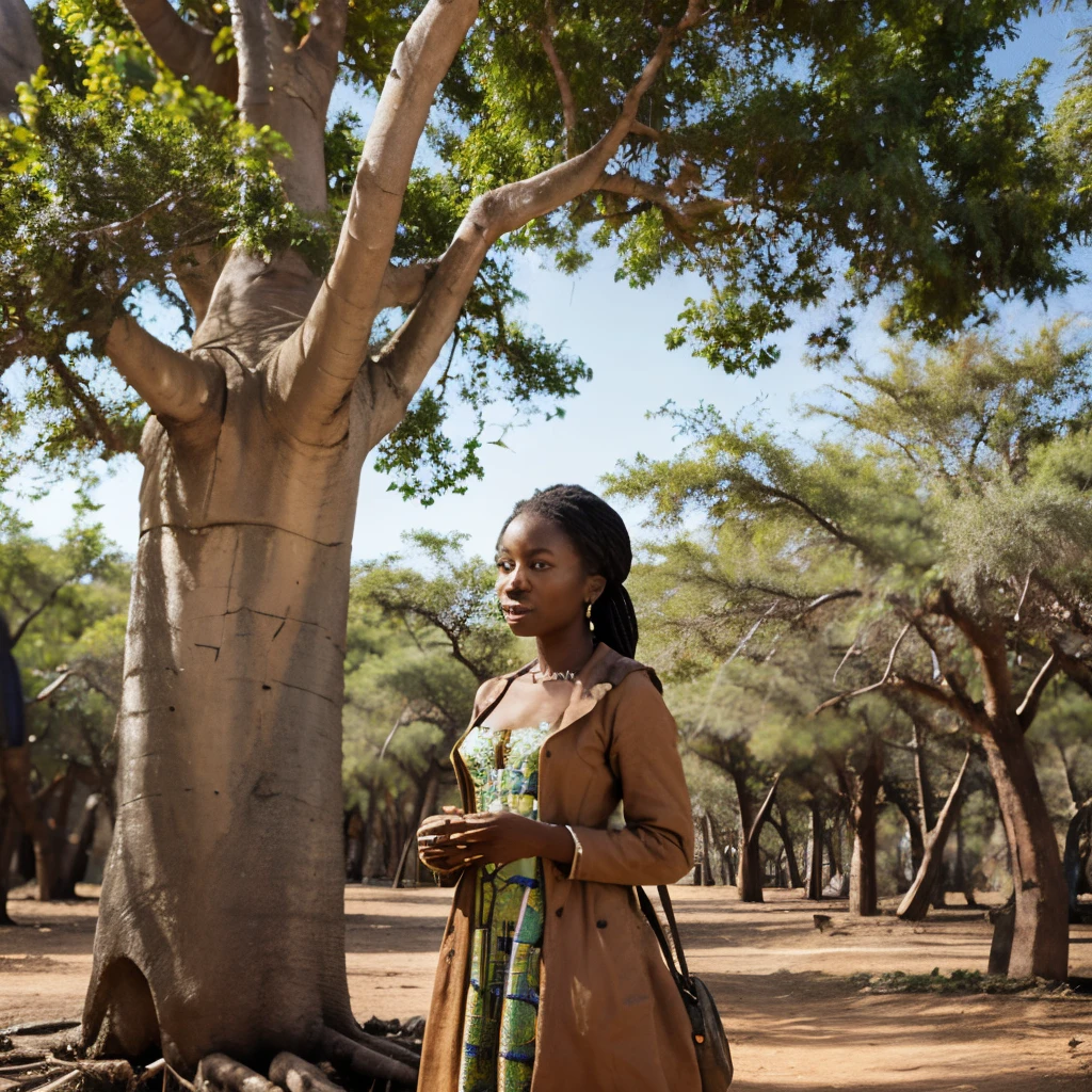 An 18th century African lady talking to a baobab tree in the middle of the forest
