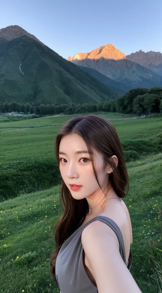 A chinese women , gray eyes ,brown hair,tracking dress,grooming and beautiful face ,double Eyelids, standing in mountain ,night view, realistic face
