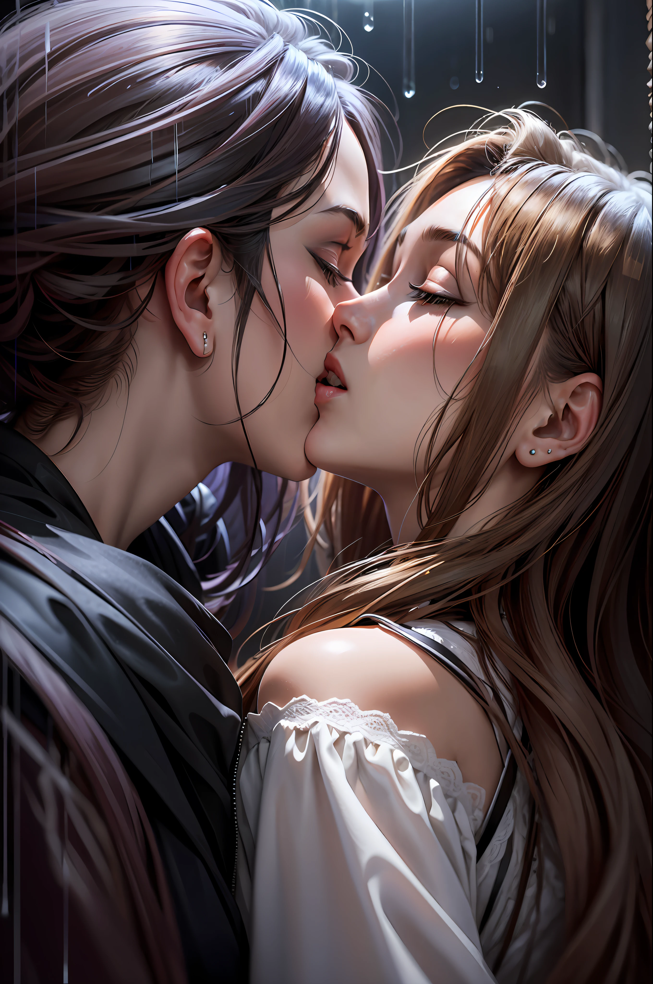 masterpiece, quality, A high resolution,((( 2 girls))), ((Yuri)), ((this kiss:1.4)), giving a hot kiss, in the bedroom, sexy lingerie, big