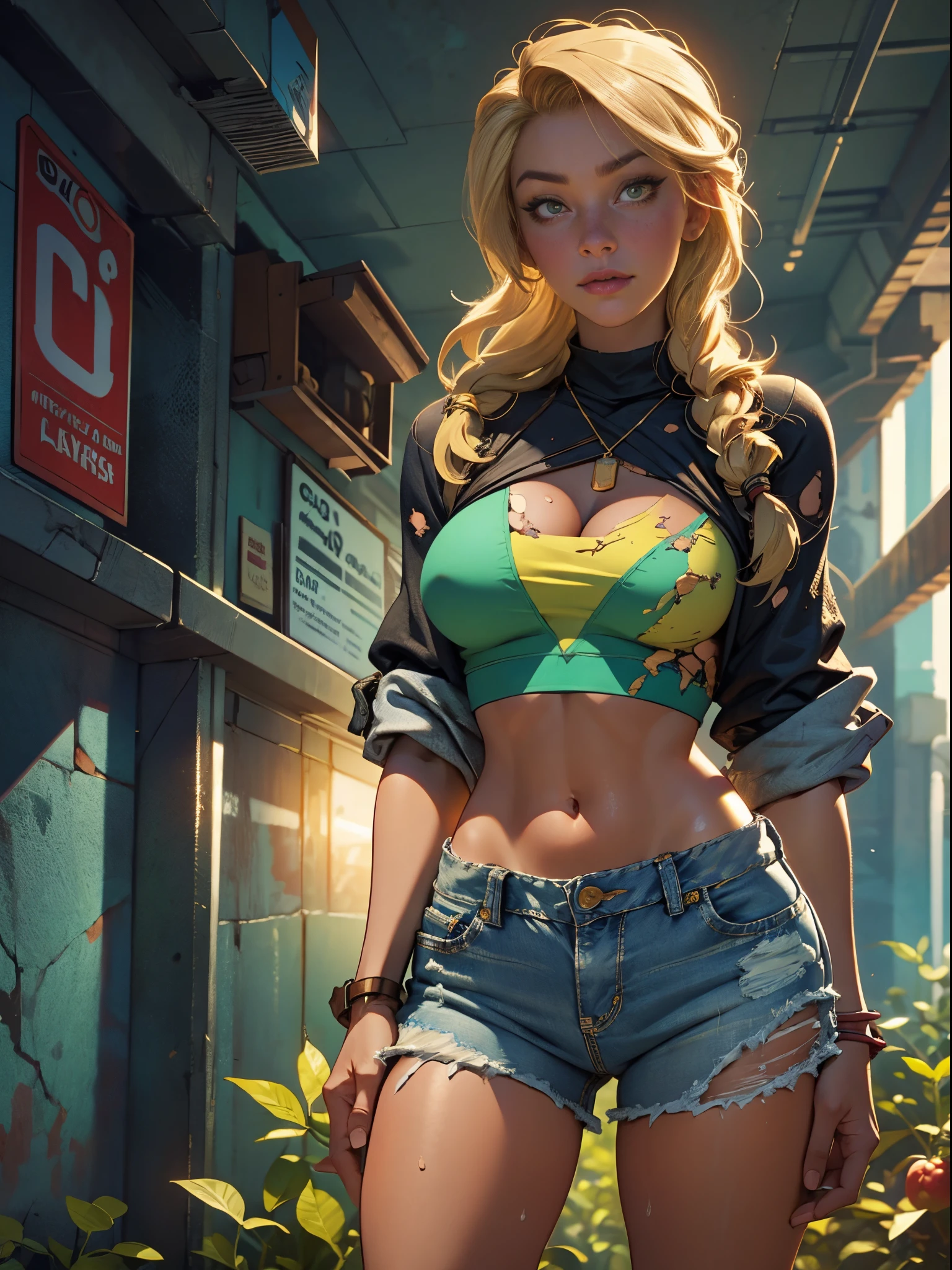 2076 year. The Urban Ruins of the Wasteland, Female huntress picking fruit in the garden, beautiful face, blonde, badly torn shirt and denim shorts , long legs, sweating through, sun rising, Nice warm colors, head to toe, full body shot, pretty hands, perfect fingers,